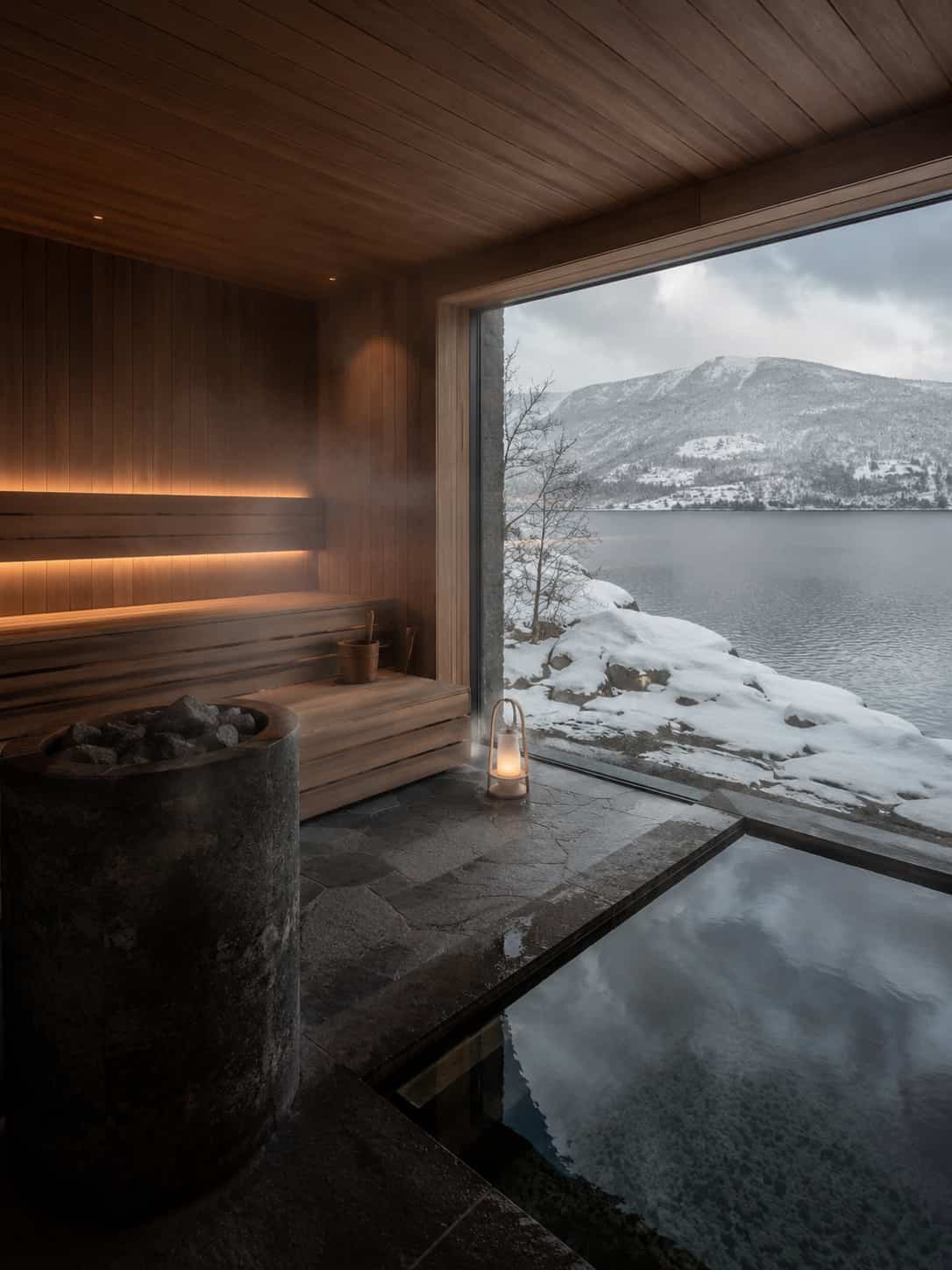 Exklusive nordische Sauna- und Spa-Szene mit Holz, Stein, sanftem Dampf und Blick in ruhige Natur.