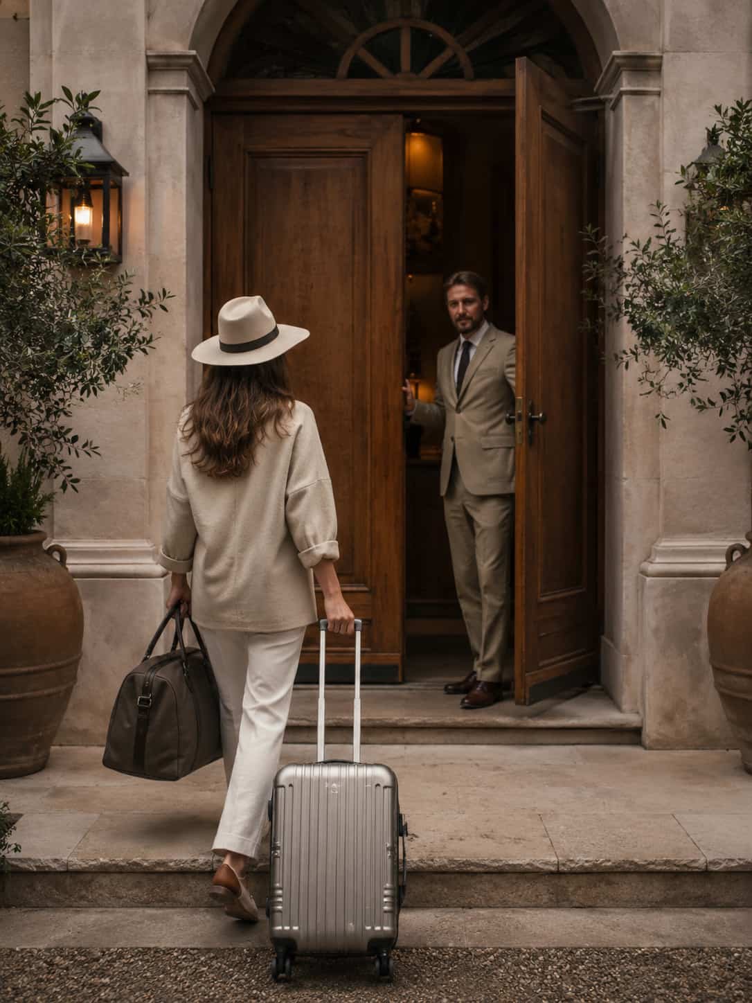 Diskrete Ankunft vor einem exklusiven Hideaway mit hochwertigem Reisegepäck und ruhiger Concierge-Atmosphäre.