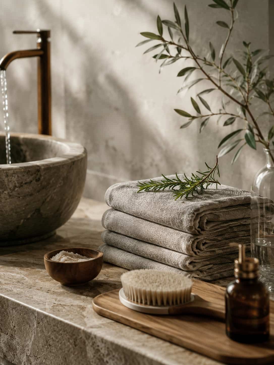 Ruhiges Spa-Stillleben mit Leinentüchern, Stein, Holz, Kräutern und natürlicher Wellness-Ästhetik.