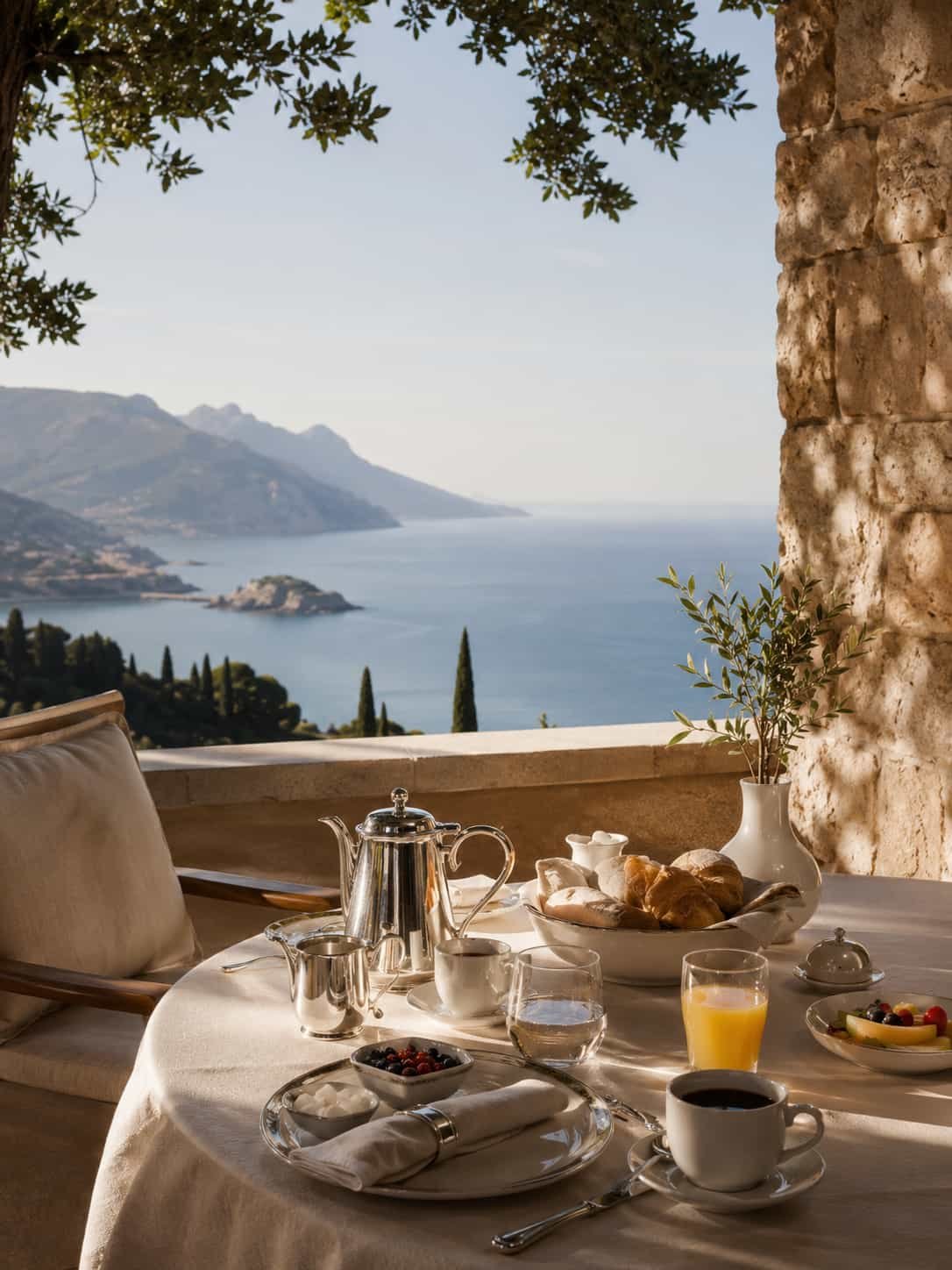 Stilvolles Frühstück auf einer privaten Terrasse mit weiter Aussicht und ruhiger luxuriöser Morgenstimmung.