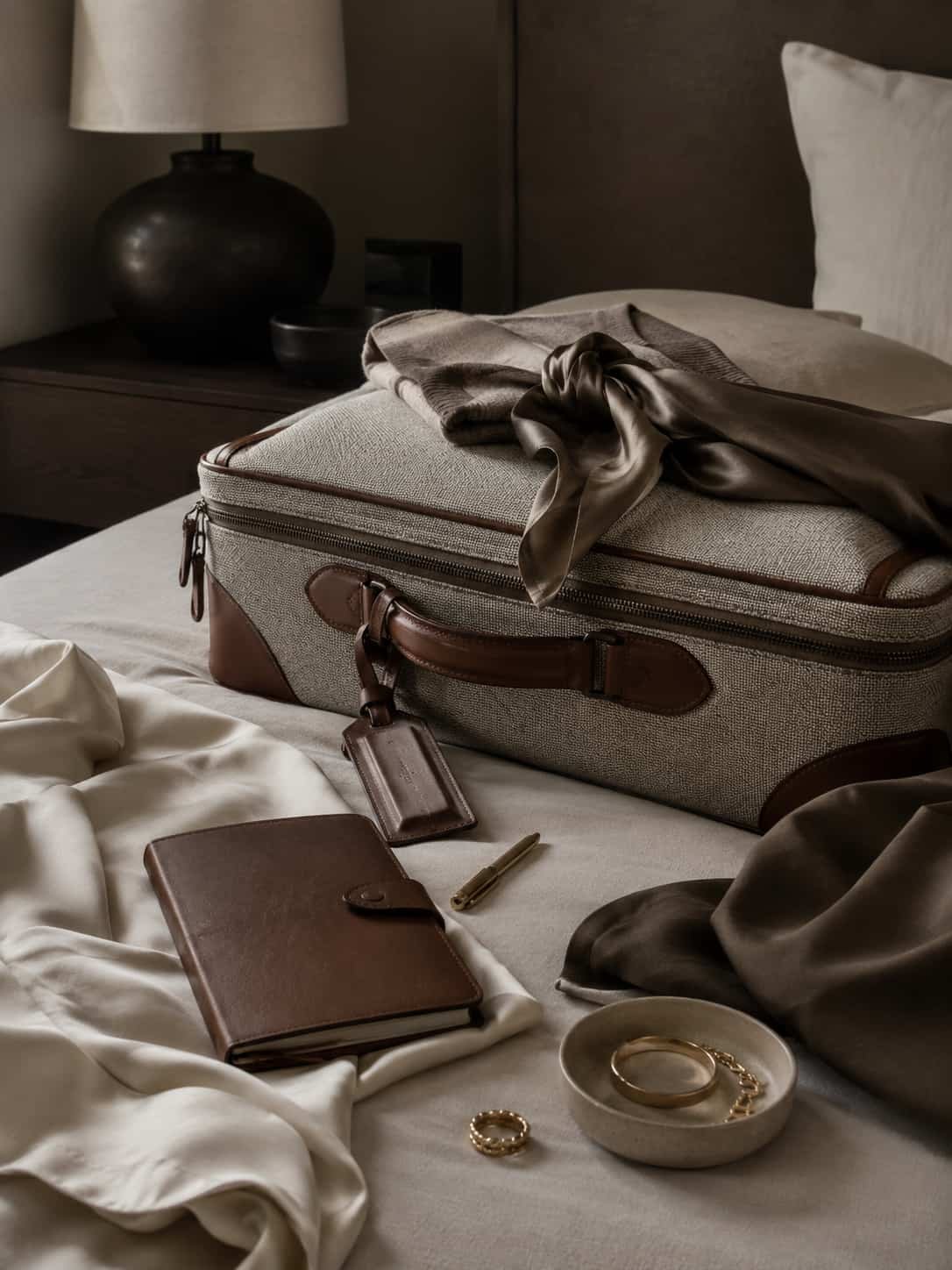 Kuratiertes Reisegepäck-Stillleben mit hochwertigen Stoffen, Lederdetails und zurückhaltender Quiet-Luxury-Ästhetik.