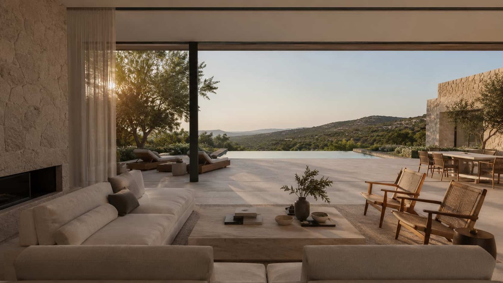 Luxuriöser Übergang von Innenraum zu Terrasse in einer privaten Villa mit Glasfronten, Poolblick und ruhiger Exklusivität.