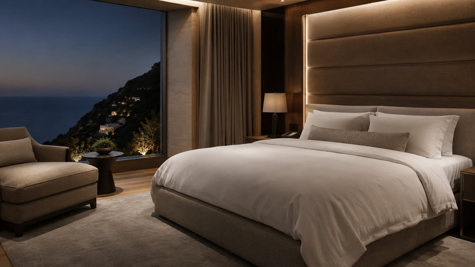 Luxuriöse Schlafsuite mit edlen Stoffen, warmem indirektem Licht und ruhiger Atmosphäre für Sleep Tourism.