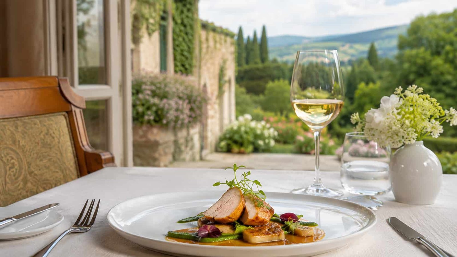 Stilvoll angerichteter Fine-Dining-Teller auf einer Terrasse mit Blick ins Grüne, hochwertiger Keramik und kultivierter Ruhe.