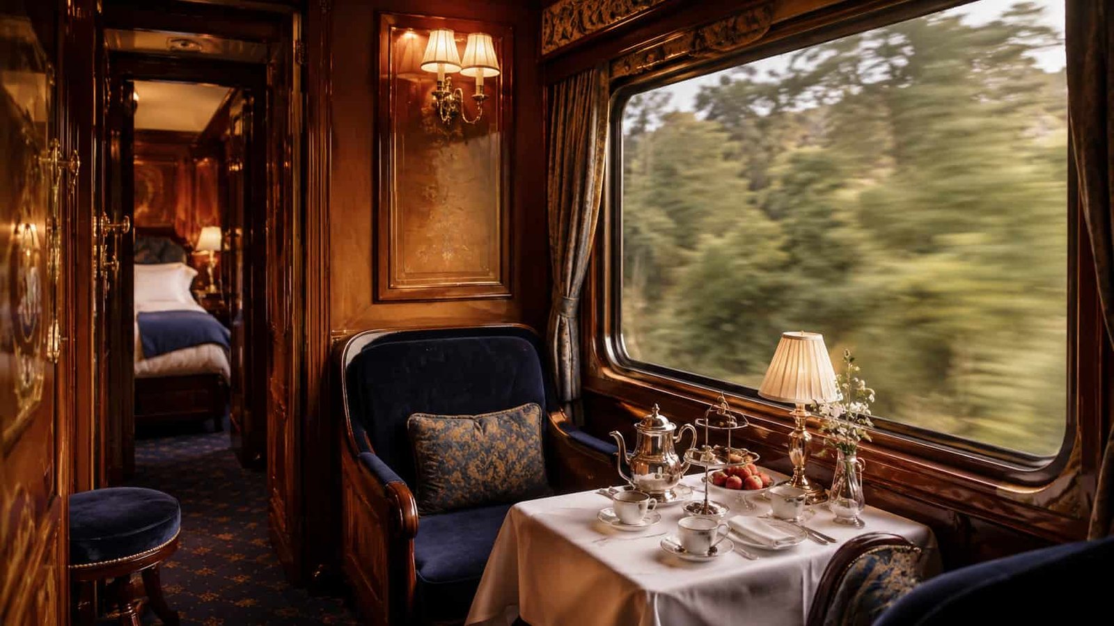 Eleganter Luxuszug-Innenraum mit Holzvertäfelung, Samt, Messingdetails, gedecktem Tisch und vorbeiziehender Landschaft.
