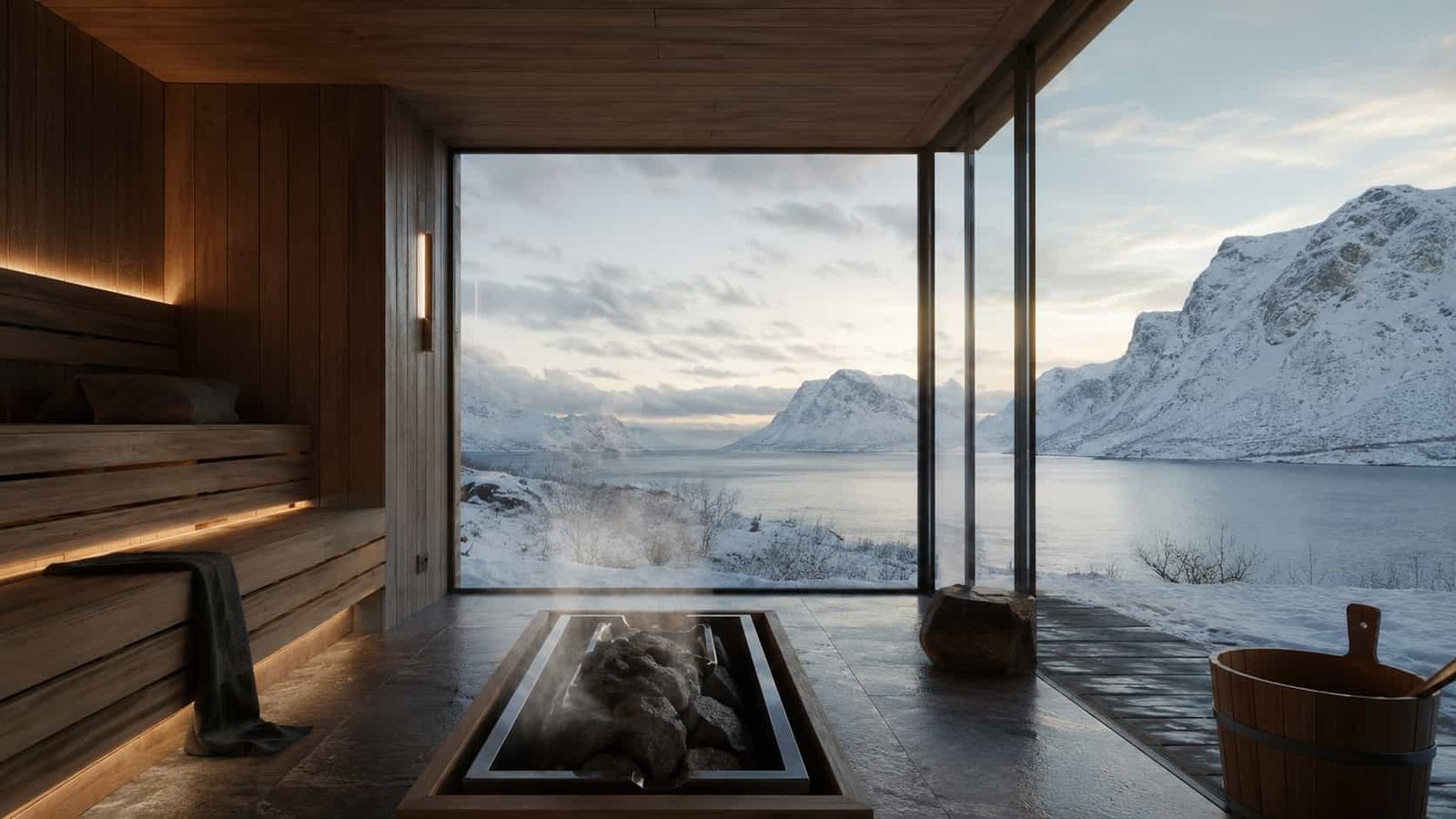 Exklusive nordische Sauna- und Spa-Szene mit Holz, Stein, sanftem Dampf und Blick in ruhige Natur.