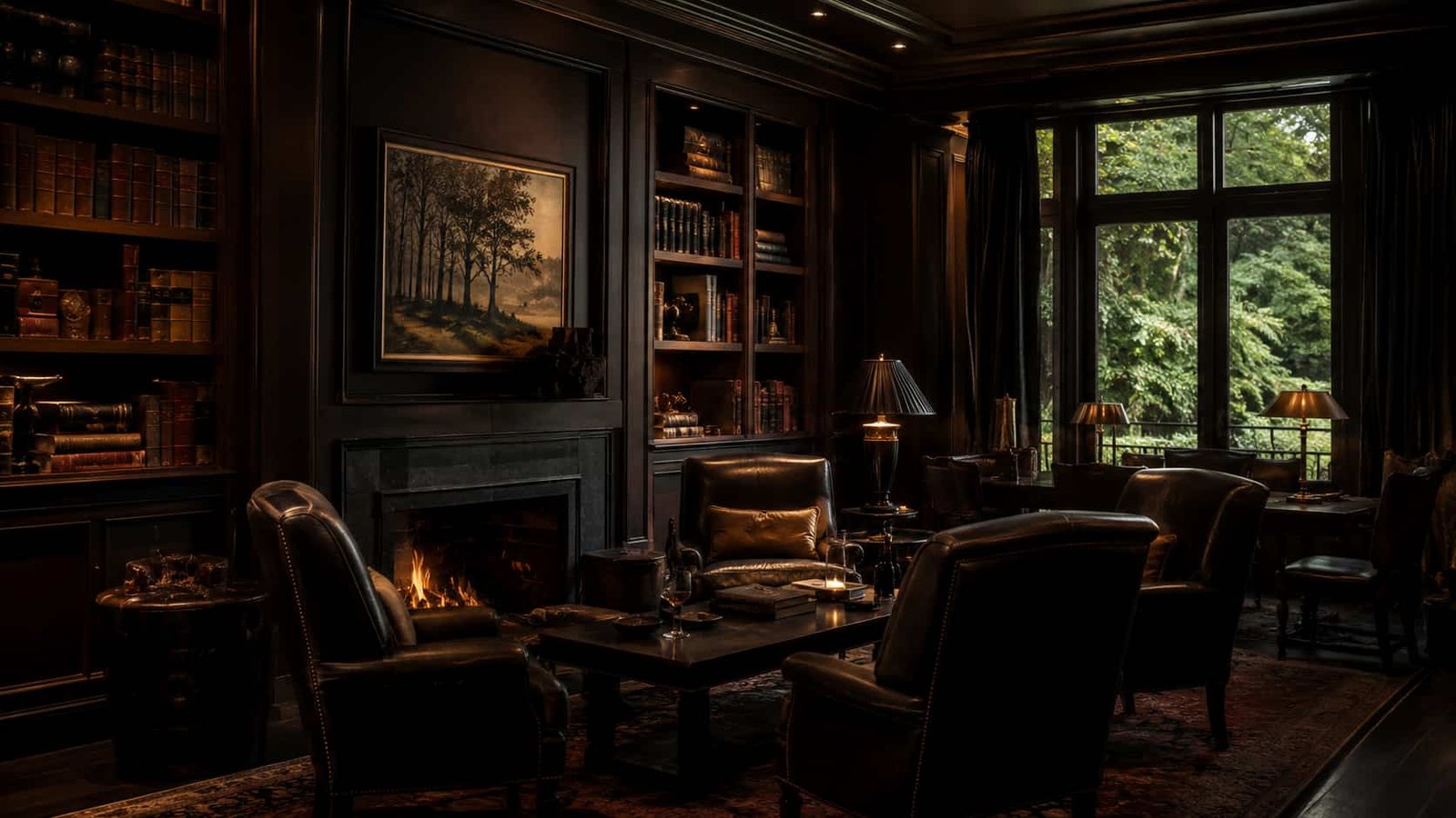 Elegante Lounge in einem exklusiven Retreat mit dunklem Holz, hochwertigen Sesseln und leiser Rückzugsatmosphäre.