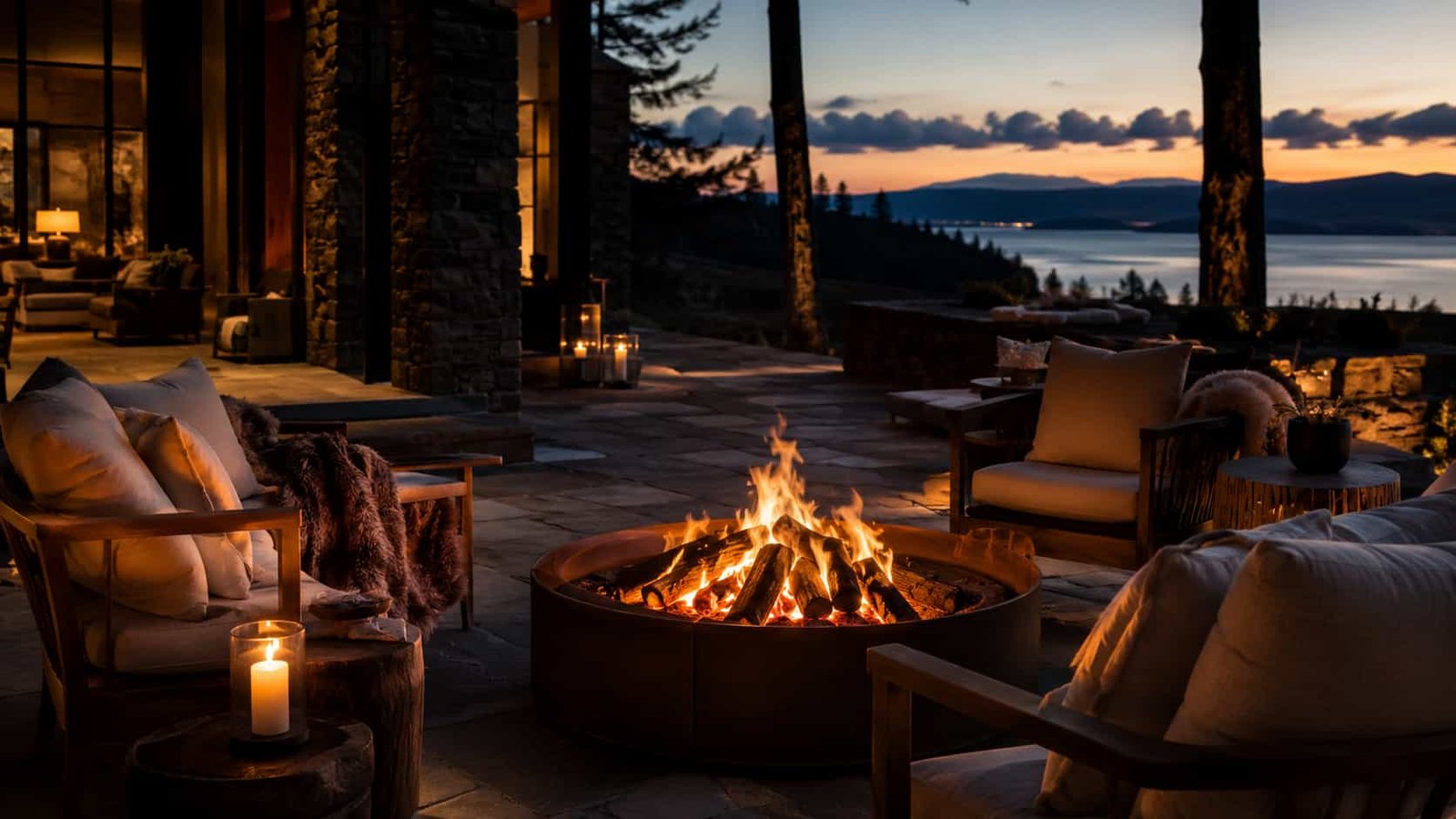 Exklusive Outdoor-Szene mit Feuerstelle, edlen Lounge-Möbeln, Decken und warmer Retreat-Atmosphäre am Abend.