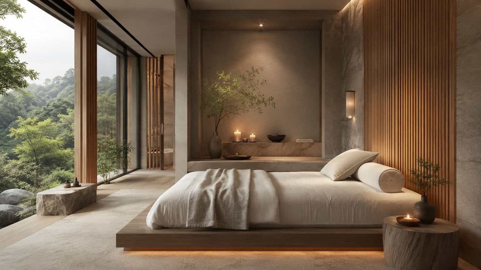 Luxuriöses Wellness-Retreat mit minimalistischem Ruheraum, Leinen, Holz, Stein und beruhigender Schlaf-Atmosphäre.