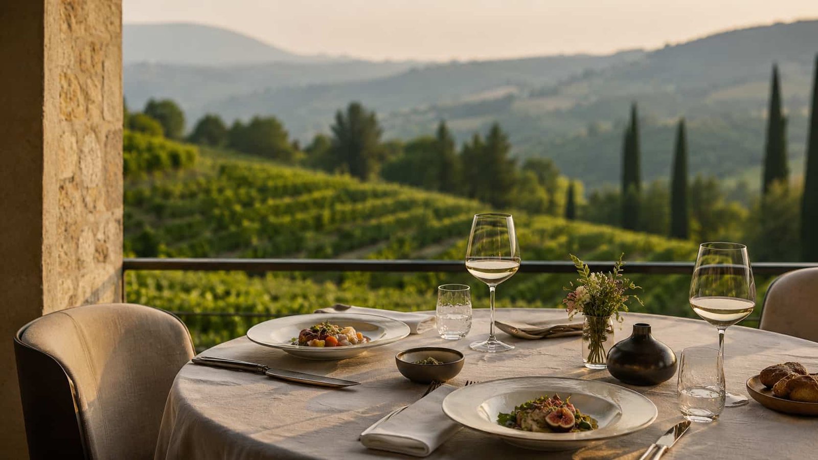 Exklusiver kulinarischer Rückzugsort mit fein gedecktem Tisch auf ruhiger Terrasse, Blick in Natur und warmer Abendstimmung.