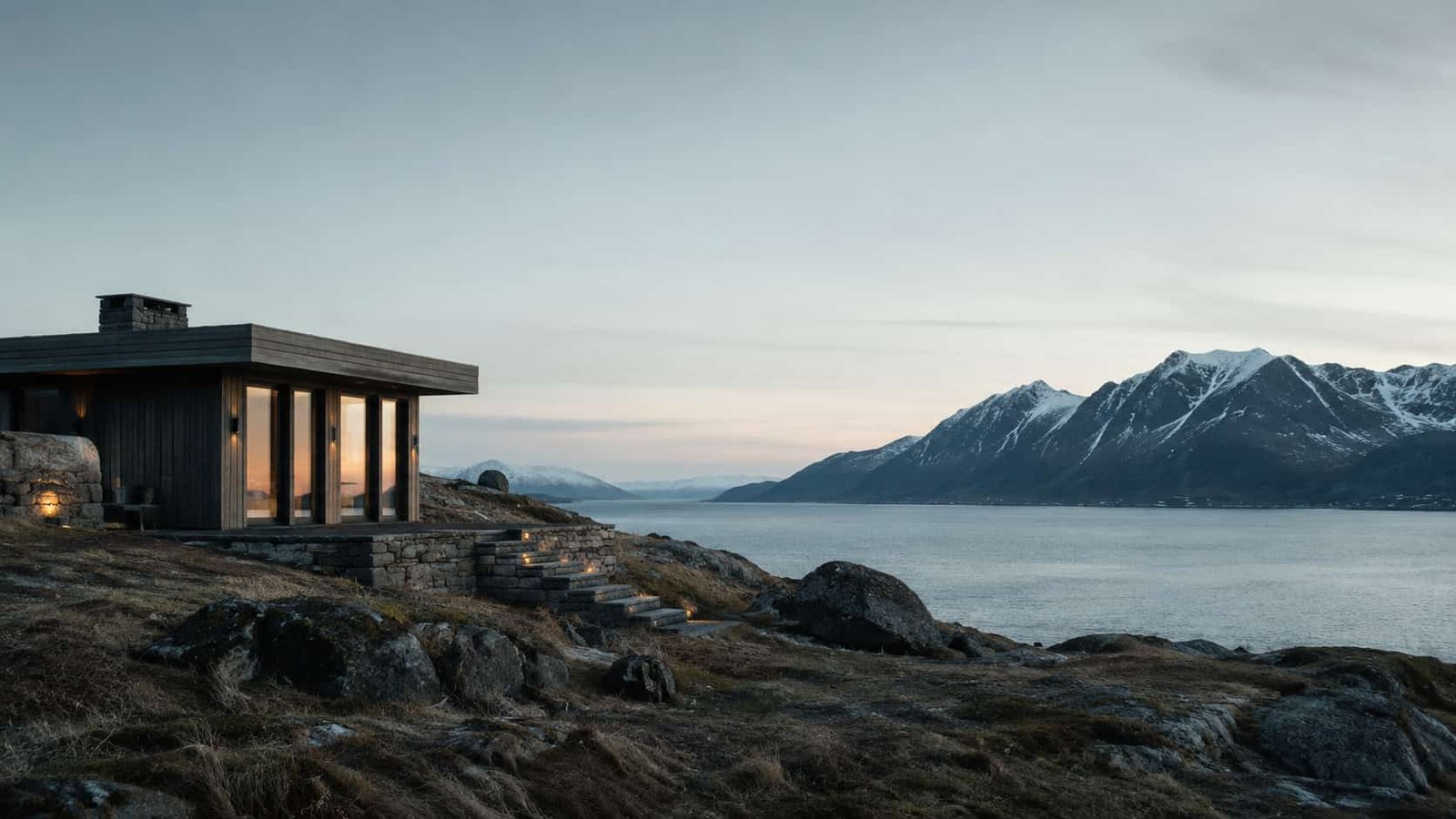 Architektonisch hochwertiges Natur-Lodge-Refugium in nordischer Landschaft mit rauer Küste, weitem Himmel und exklusiver Abgeschiedenheit.