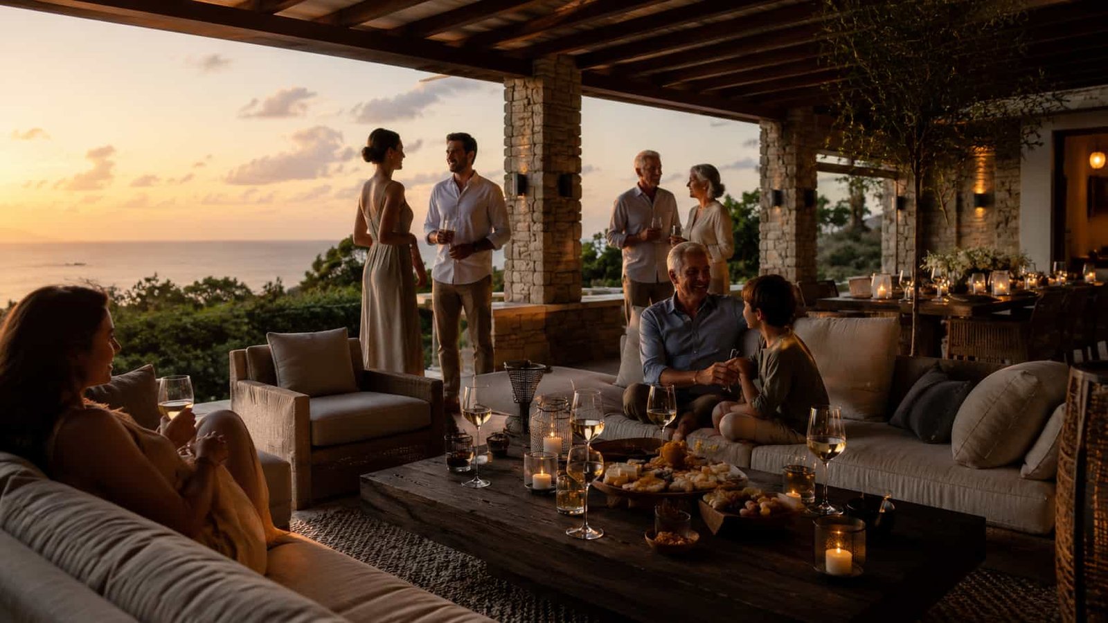 Exklusive Multigenerationenreise mit eleganter Villa, gedeckter Terrasse, warmem Abendlicht und diskreter Familienatmosphäre.