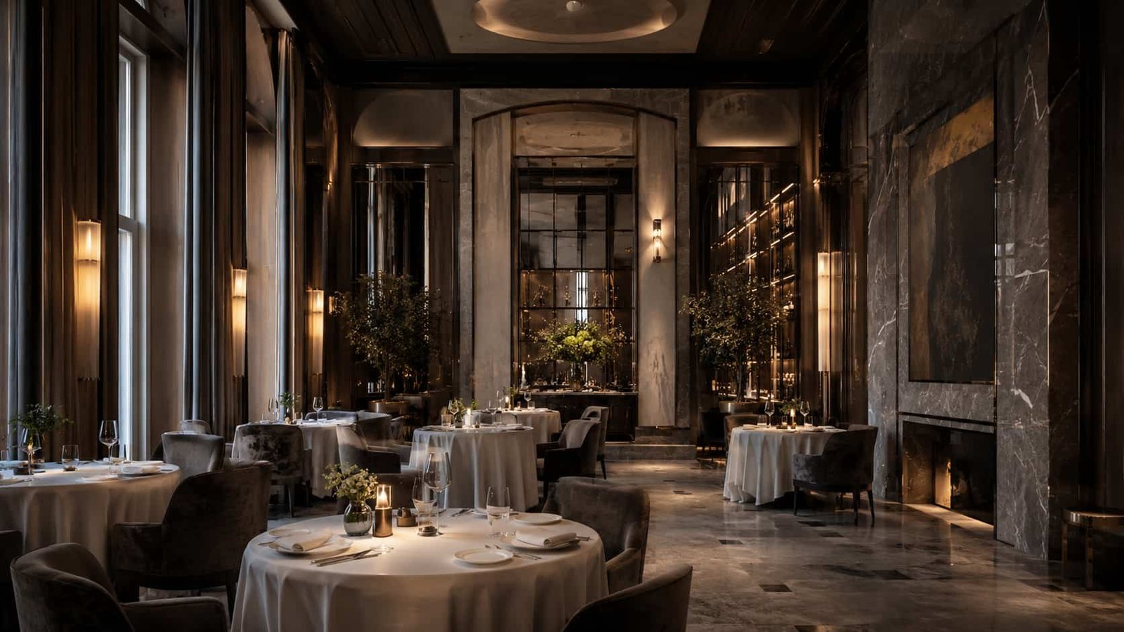 Luxuriöser Fine-Dining-Raum mit hoher Decke, warmem Licht, edlen Materialien und diskreter Atmosphäre.