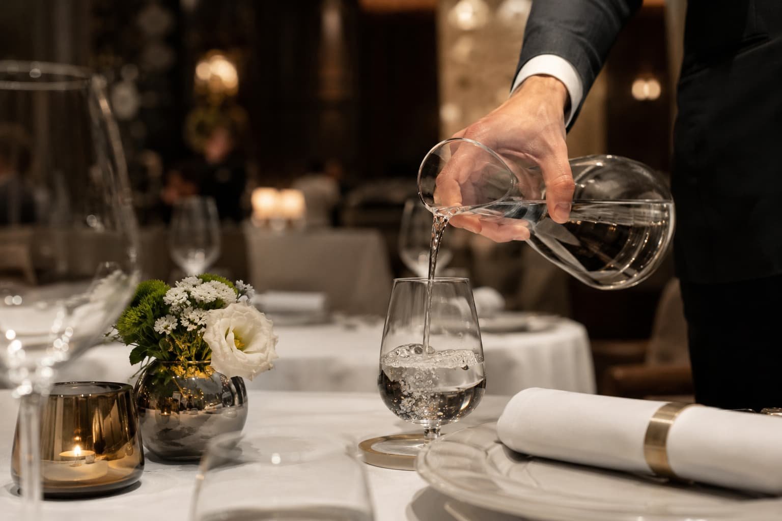 Eleganter Service-Moment in einem Fine-Dining-Restaurant mit präziser Handbewegung und kultivierter Zurückhaltung.