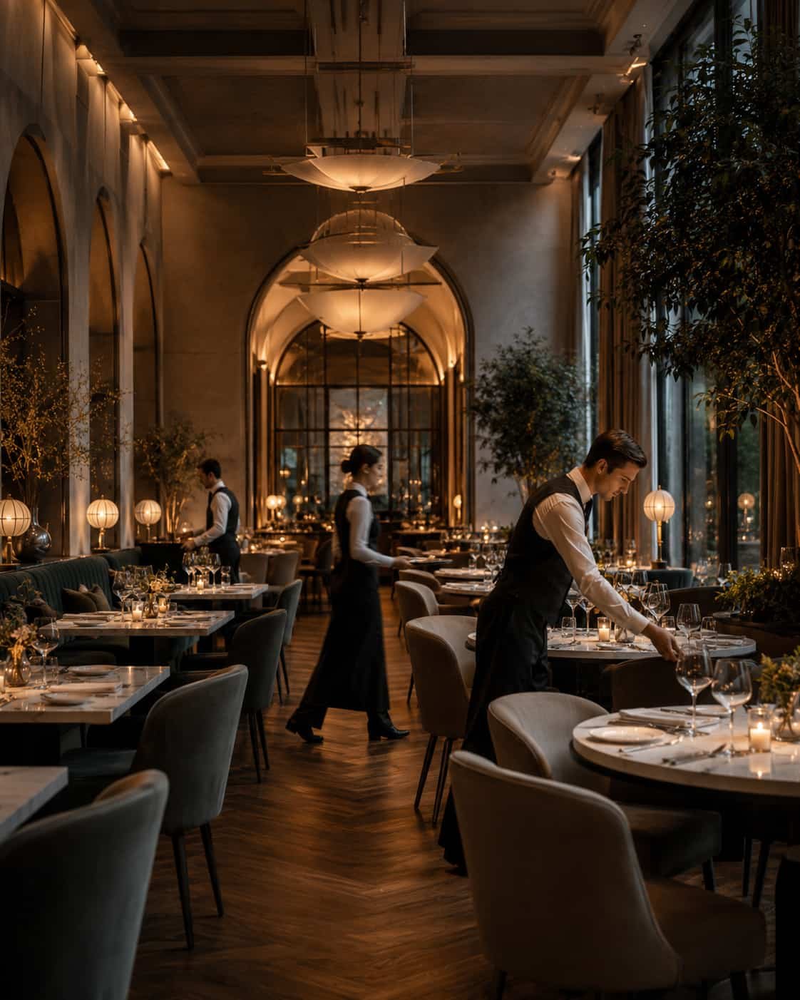 Diskretes Fine-Dining-Service-Team in Bewegung, eingebettet in ein stilvolles Restaurantinterieur.