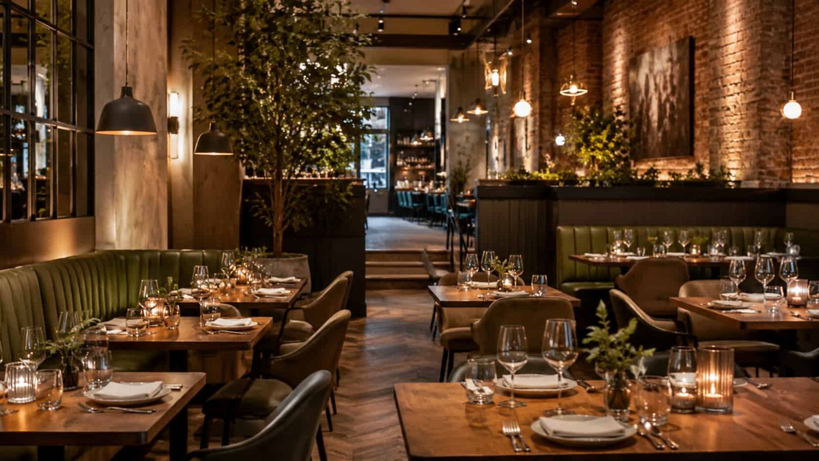 Casual-Fine-Dining-Restaurant mit lockerer, stilvoller Atmosphäre, modernen Materialien, weichem Licht und hochwertiger Tischkultur.