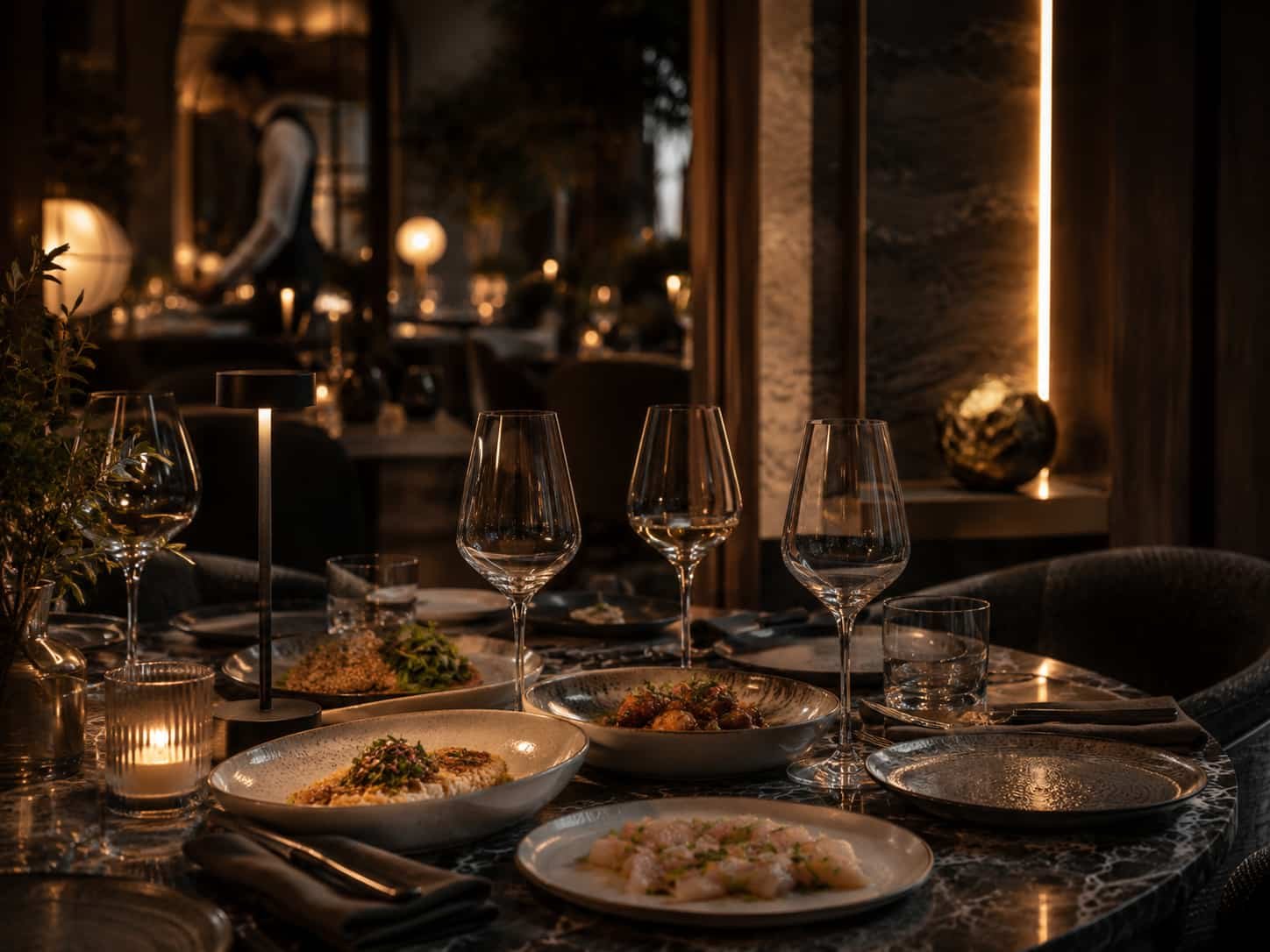 Moderne Restauranttisch-Szene mit kleinen Tellern, stilvollen Gläsern und entspannter hochwertiger Genusskultur.