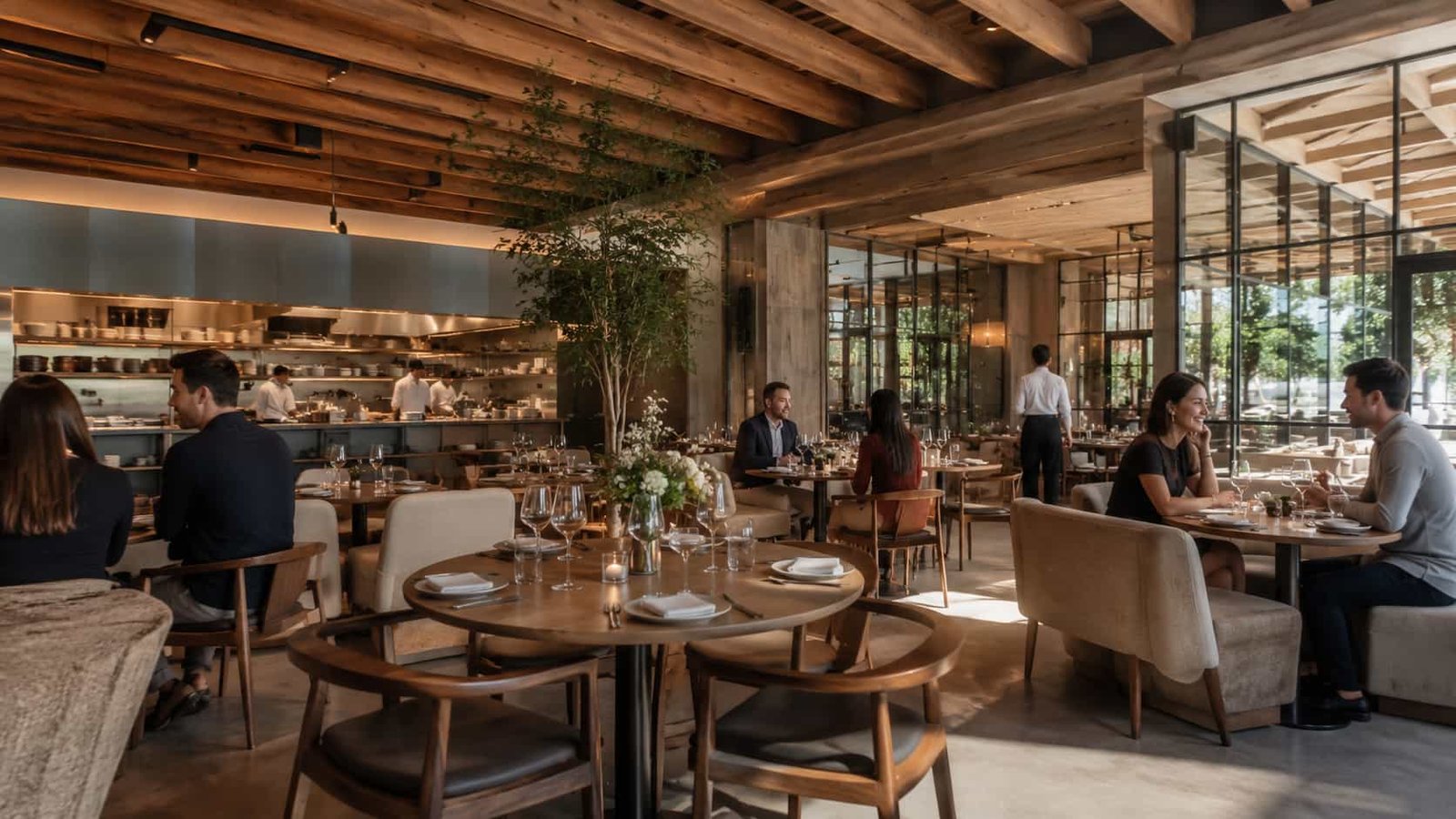 Stilvolles urbanes Restaurant mit offenem Raumgefühl, hochwertigem Interieur, lässiger Eleganz und kultivierter Stimmung.