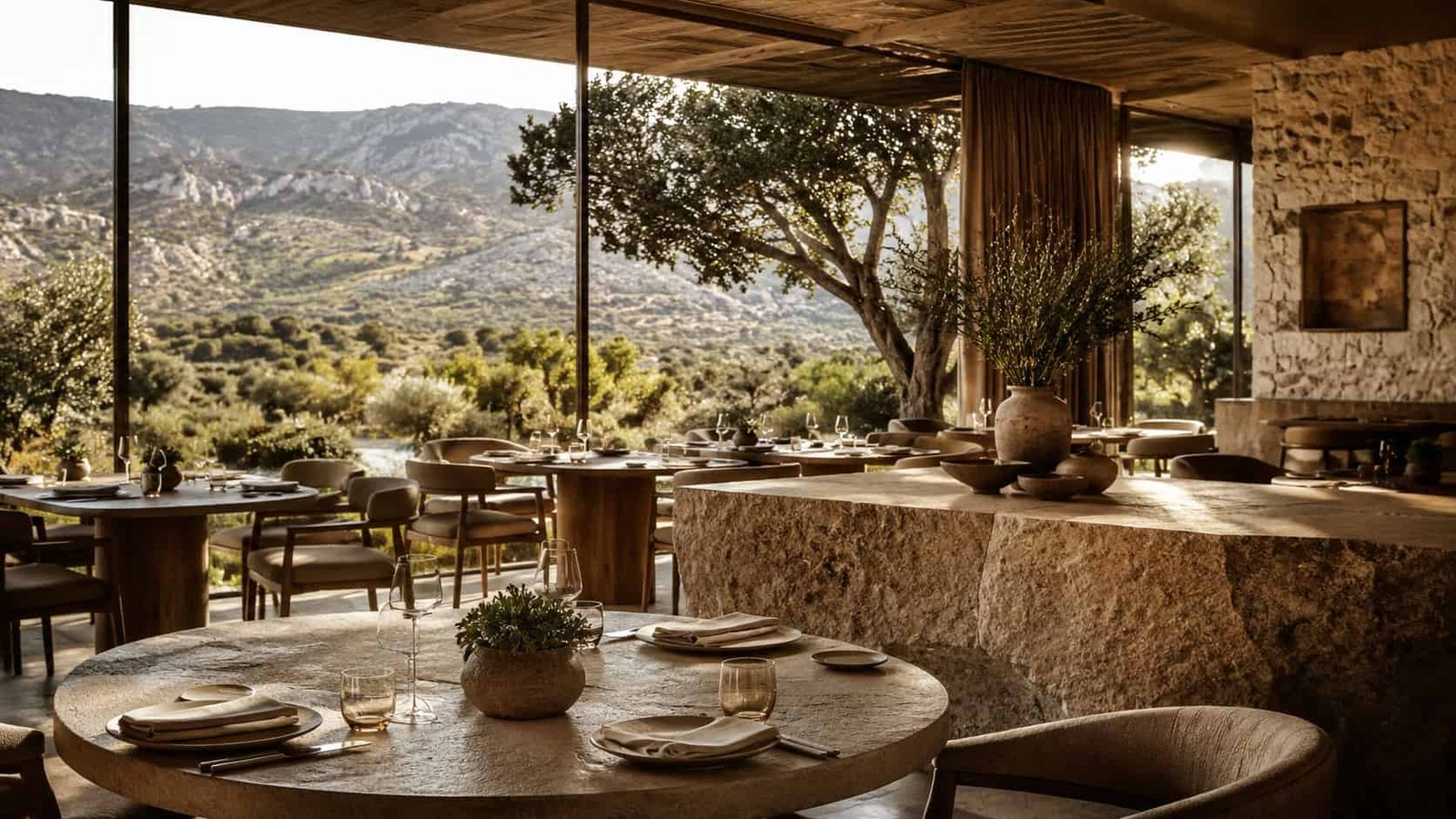 Stilvoller Restaurantmoment, in dem Interior, Menüästhetik und Tischgestaltung subtil auf eine Landschaft oder Region verweisen.