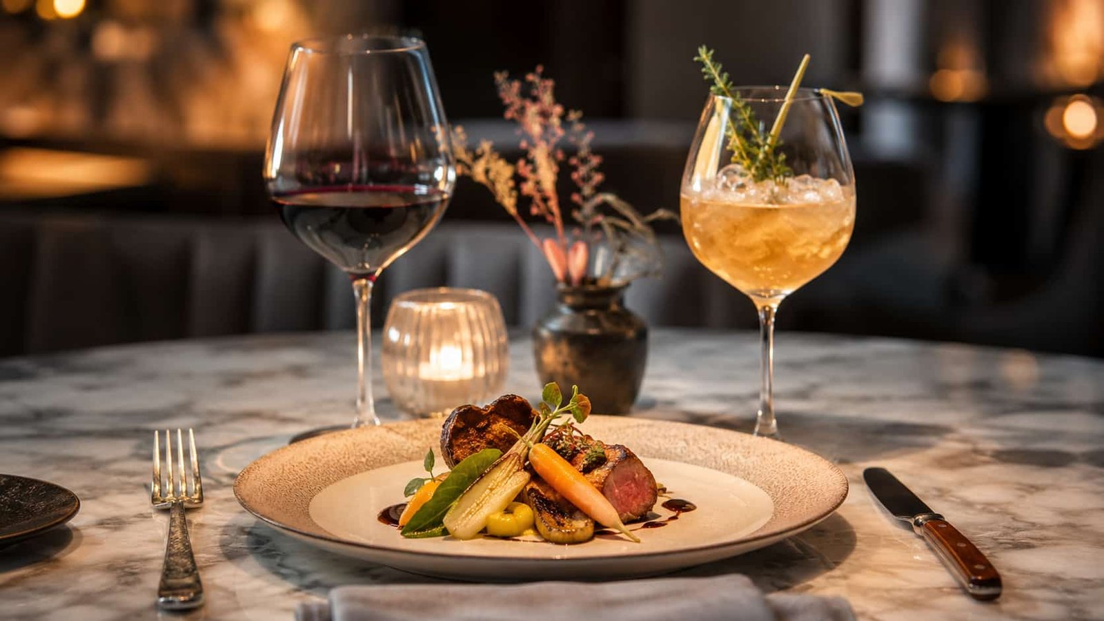 Fine-Dining-Tisch mit kunstvoll angerichteter Speise, Wein und alkoholfreiem Pairing in eleganten Gläsern.