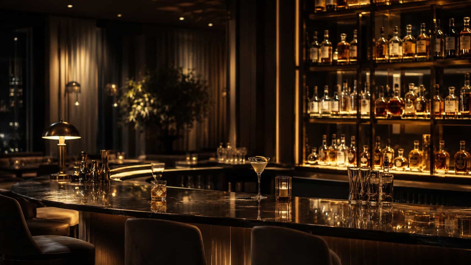 Stilvolle Luxus-Bar mit warmem Licht, raffinierten Drinks und anspruchsvoller diskreter Atmosphäre.