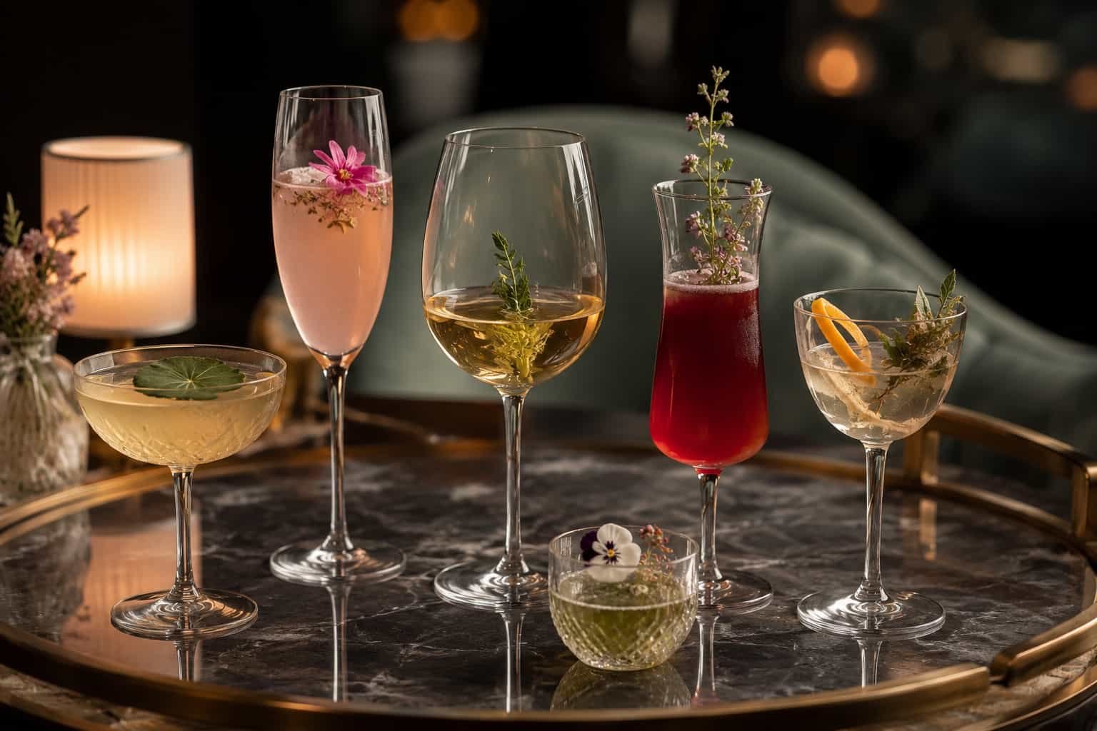 Hochwertiges alkoholfreies Pairing in eleganten Gläsern mit botanischen Details und gehobener Restaurantästhetik.