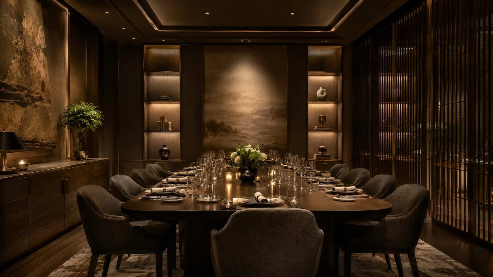 Exklusiver Private Dining Room mit warmem gedämpftem Licht, großem elegant gedecktem Tisch und diskreter Luxus-Atmosphäre.