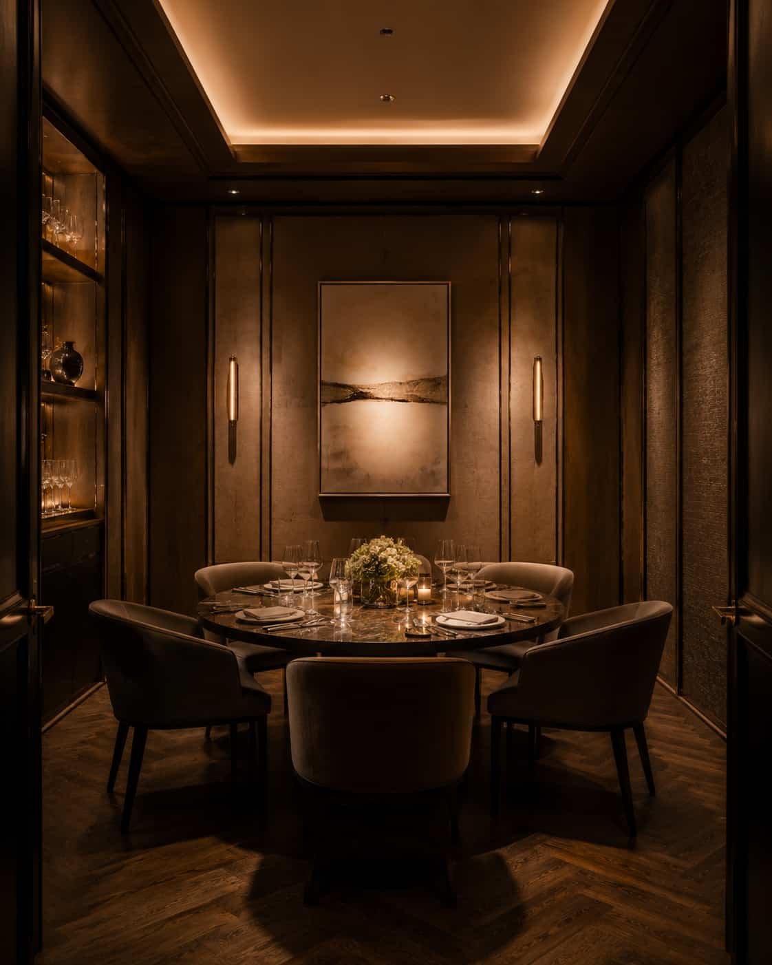 Abgeschlossener Dining Room in einem Spitzenrestaurant mit individueller Beleuchtung, Kunstobjekten und luxuriösem Rückzugsgefühl.