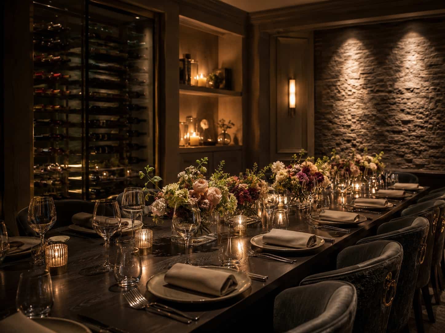 Vollständig vorbereiteter Private Dining Room kurz vor Beginn eines exklusiven Abends mit Kerzenlicht, Floristik und gedecktem Tisch.