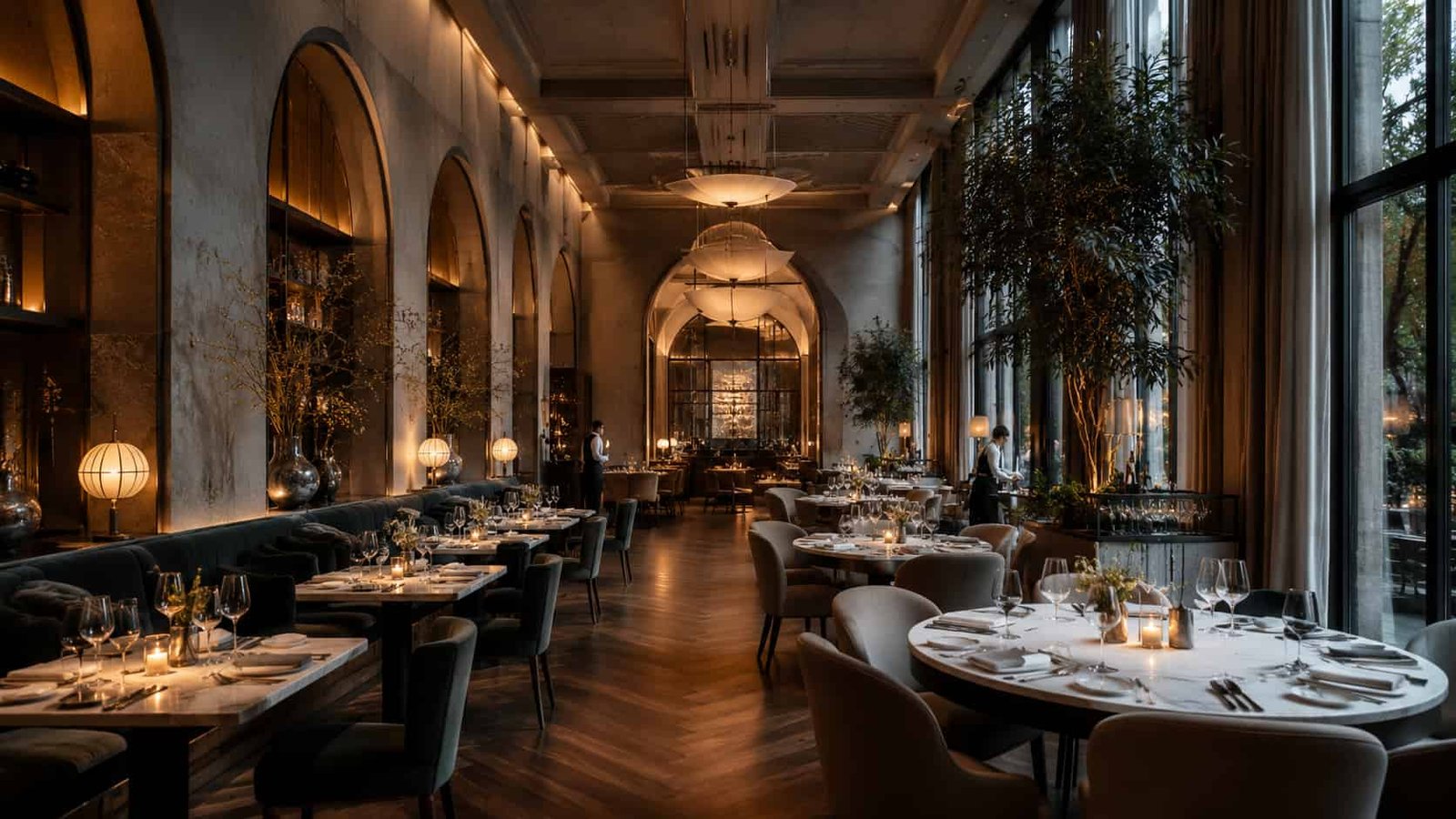 Architektonisch beeindruckendes Fine-Dining-Interieur mit diskretem Servicepersonal im Hintergrund und präziser Lichtführung.