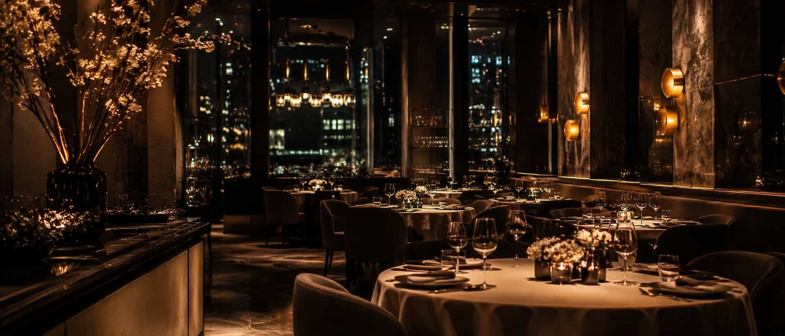 Stilvoller Abend in einem Spitzenrestaurant mit gedämpfter Beleuchtung, eleganter Tischkultur und luxuriös zurückhaltender Atmosphäre.