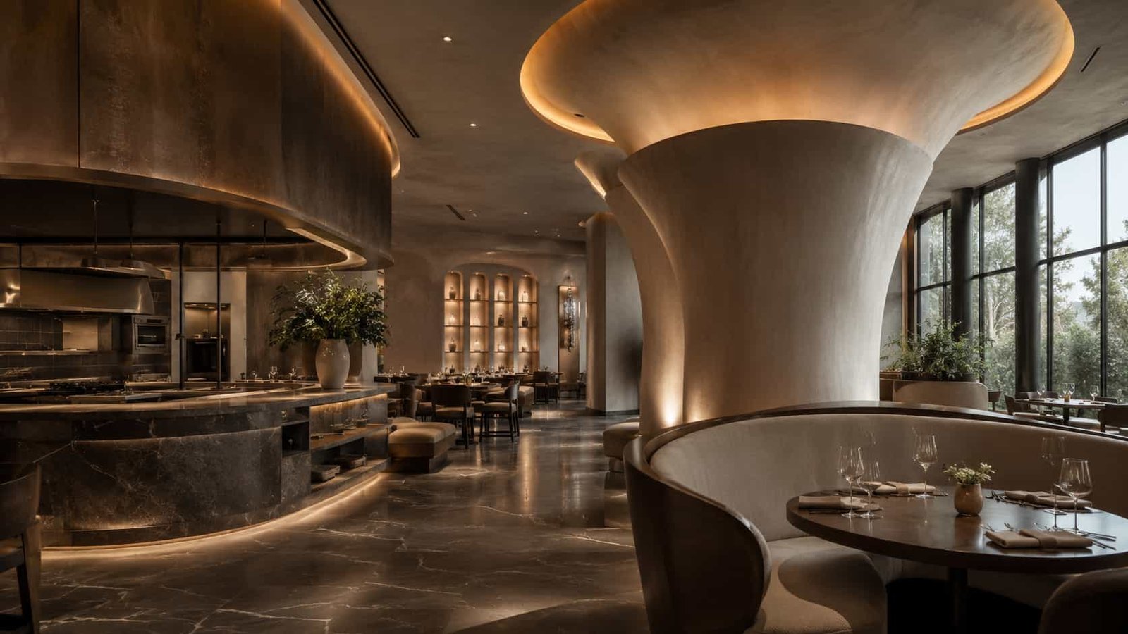 Skulpturaler Restaurantinnenraum mit hochwertigen Materialien, maßgeschneiderter Beleuchtung und ruhigem architektonischem Luxus.