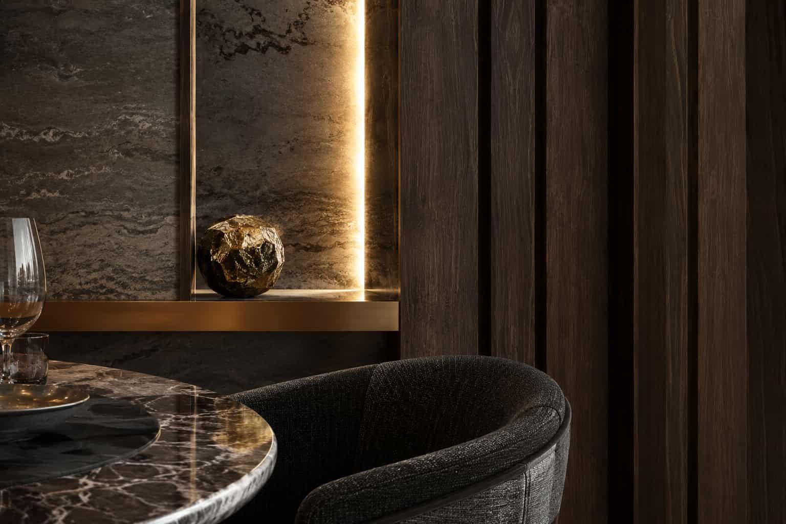 Detailaufnahme eines exklusiven Restaurantinterieurs mit Naturstein, gebürstetem Metall, dunklem Holz und strukturierten Stoffen.