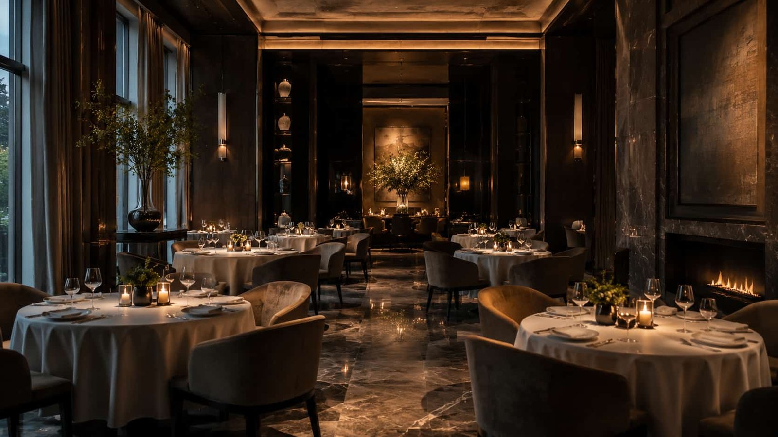 Eleganter Restaurantbereich mit klaren Sichtachsen, rhythmisch angeordneten Sitzplätzen und ruhigem modernem Luxus.