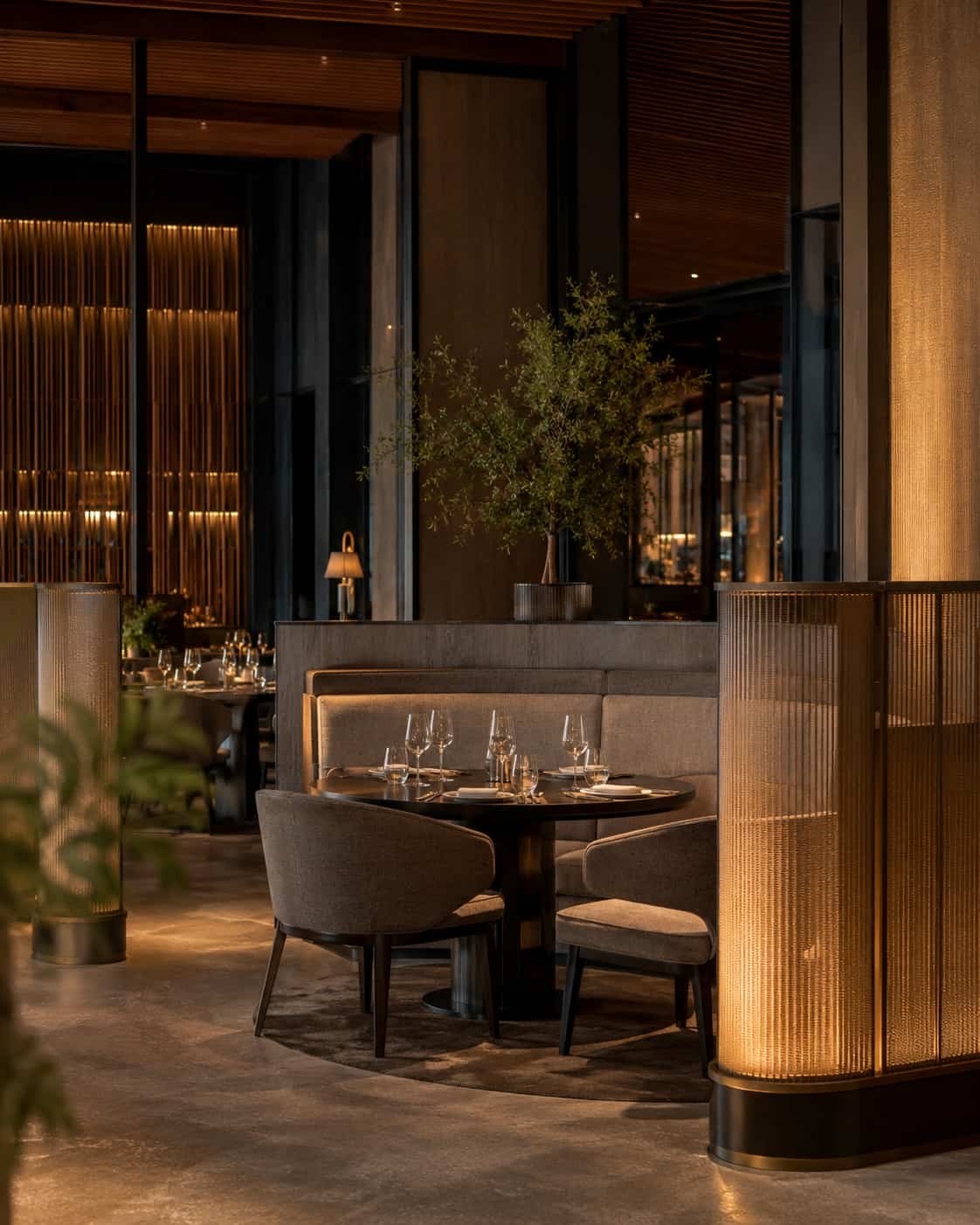 Stilvoll abgetrennter Restaurantbereich mit weichen Textilien, indirektem Licht und diskreter Privatsphäre.