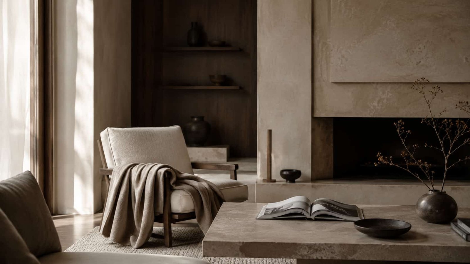 Eleganter Quiet-Luxury-Wohnraum mit Naturstein, Holz, Leinen, Kaschmirdecke und kultivierter Stille.