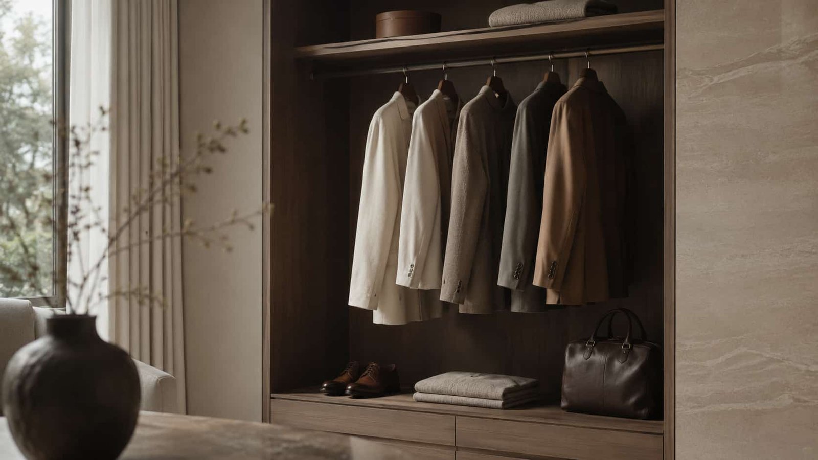 Elegante reduzierte Garderobe mit wenigen hochwertigen Kleidungsstücken, Lederschuhen, Kaschmir und Holzoberflächen.