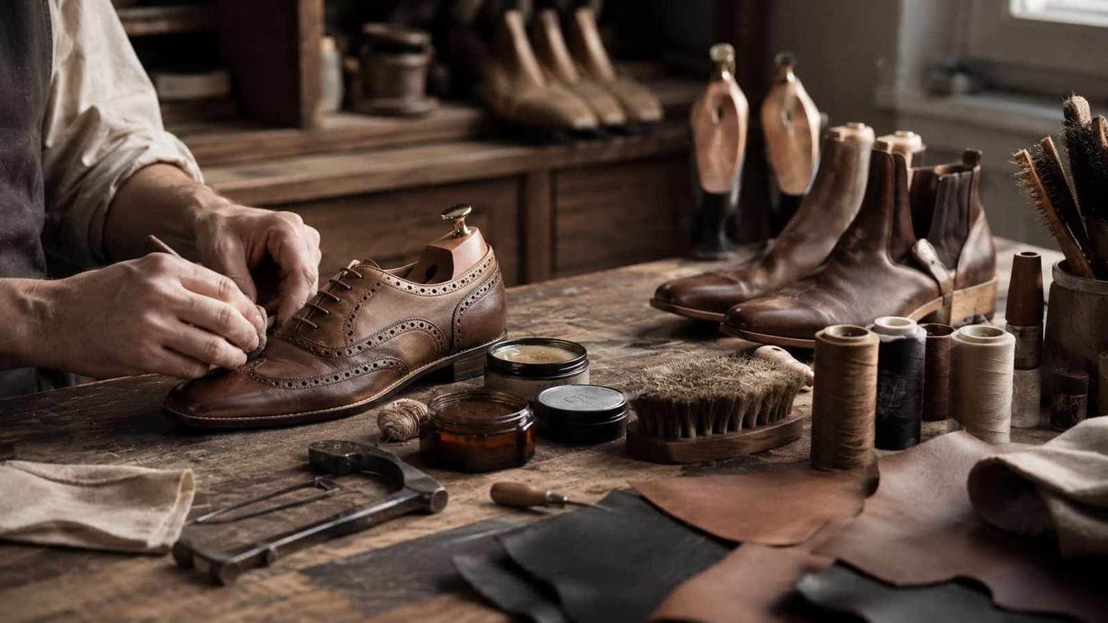 Elegantes Aftercare-Atelier mit Schuhen, Bürsten, Wachs, Garn, Lederstücken und warmer Werkbankatmosphäre.