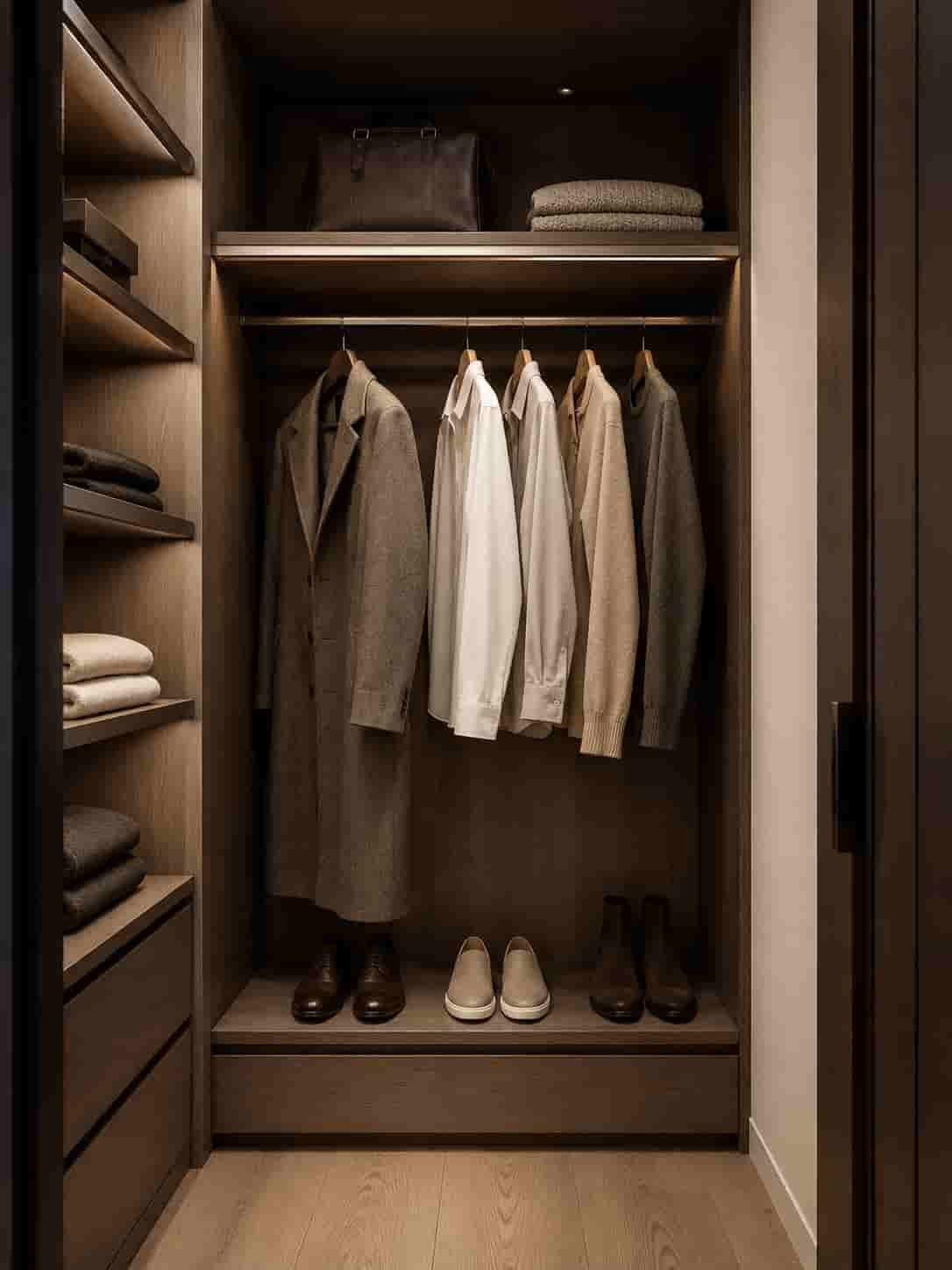 Kuratierter Kleiderschrank mit wenigen hochwertigen Stücken in neutralen Farben, Holz, Wolle und Leder.