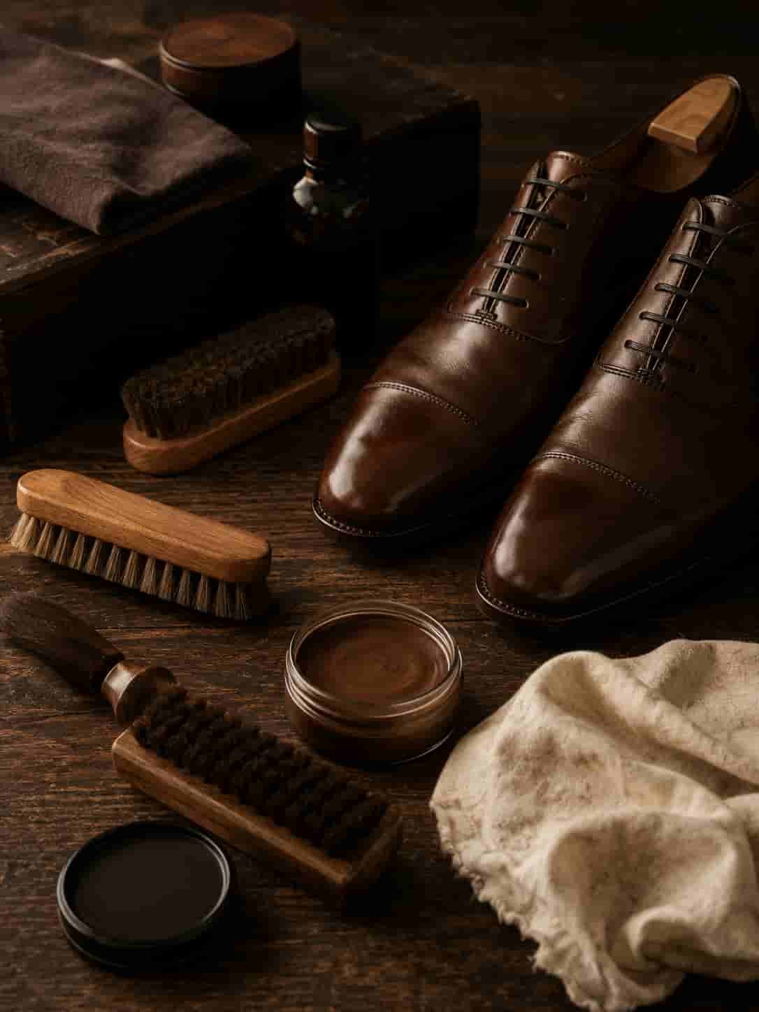 Lederpflege-Stillleben mit Bürsten, Tuch, Pflegecreme, Lederschuh und dunklem Holz als Aftercare-Szene.