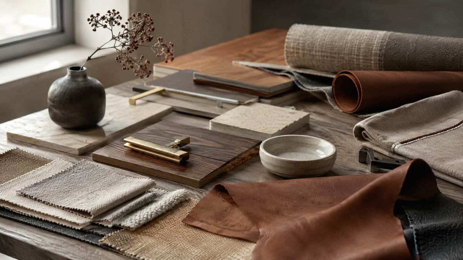 Edler Ateliertisch mit Stoffmustern, Leder, Keramikprobe, Holzdetail und Metallbeschlag als Materialarchiv.