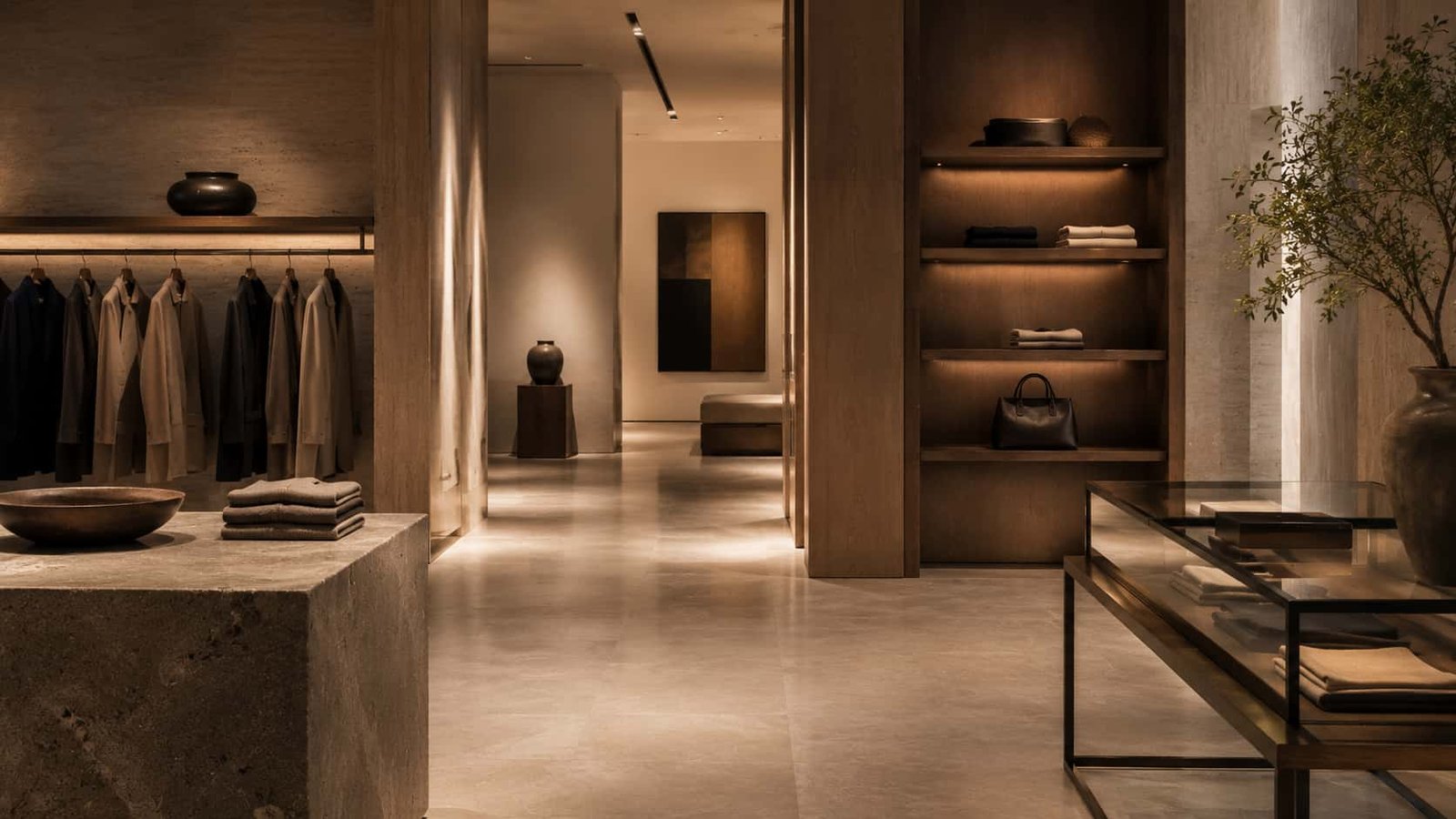 Diskrete High-End-Boutique oder privates Atelier mit Natursteinboden, Holzregalen, warmem Licht und viel Raum zwischen Objekten.