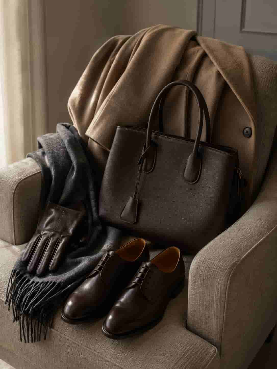 Zeitloses Stillleben aus Mantel, Lederschuhen, Schal, Handschuhen und hochwertiger Tasche ohne sichtbare Marke.