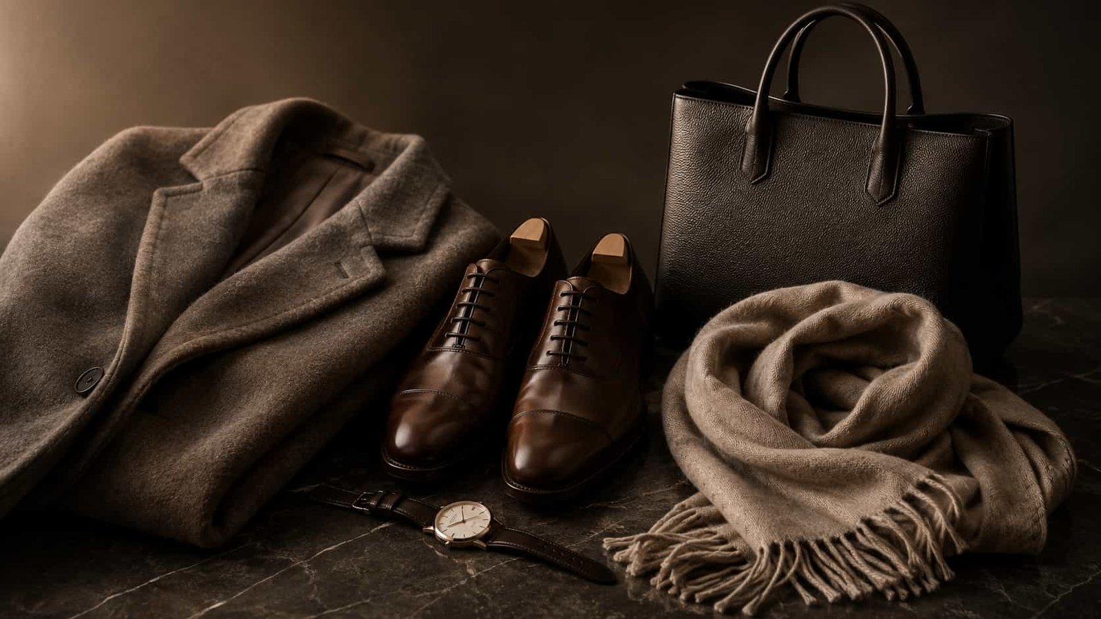 Zeitlose Investment Pieces mit Wollmantel, Lederschuhen, schlichter Tasche, feinem Schal und dezenter Uhr auf dunkler Steinplatte.