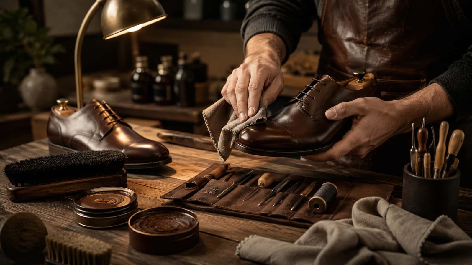 Elegantes Reparatur- und Pflegeatelier mit Lederschuhen, Bürsten, Wachs, Nähwerkzeug und warmem Werkbanklicht.