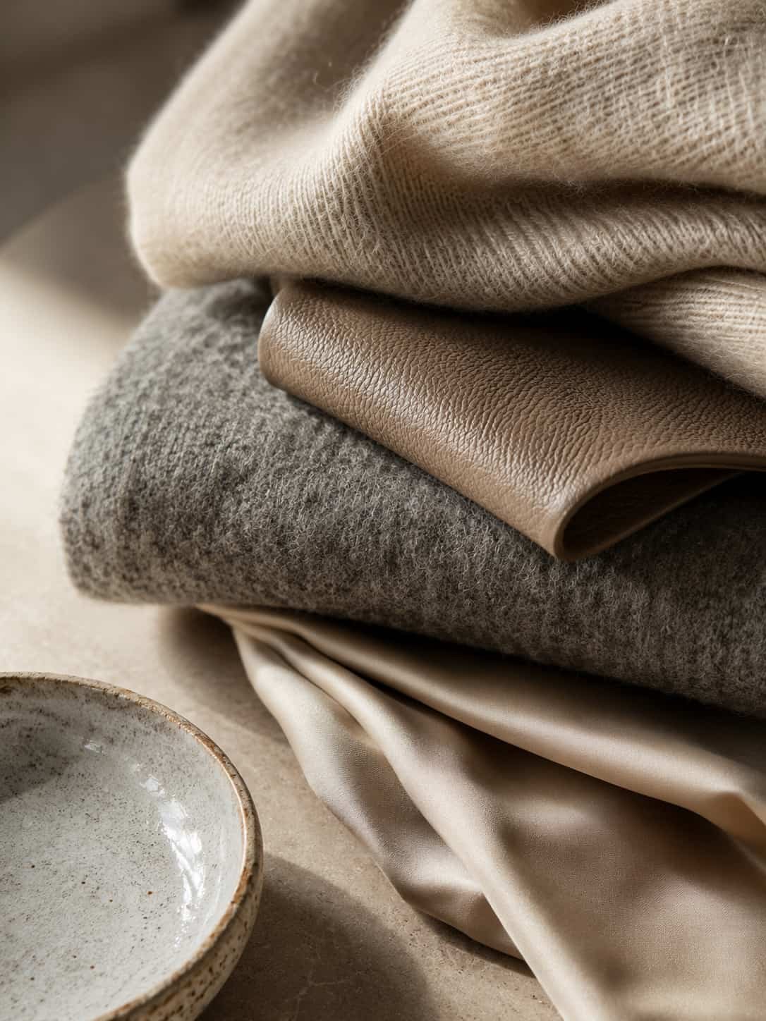 Hochwertige Materialdetails aus Kaschmir, Leder, Wolle, Seide und Keramik mit warmem Licht und feiner Textur.