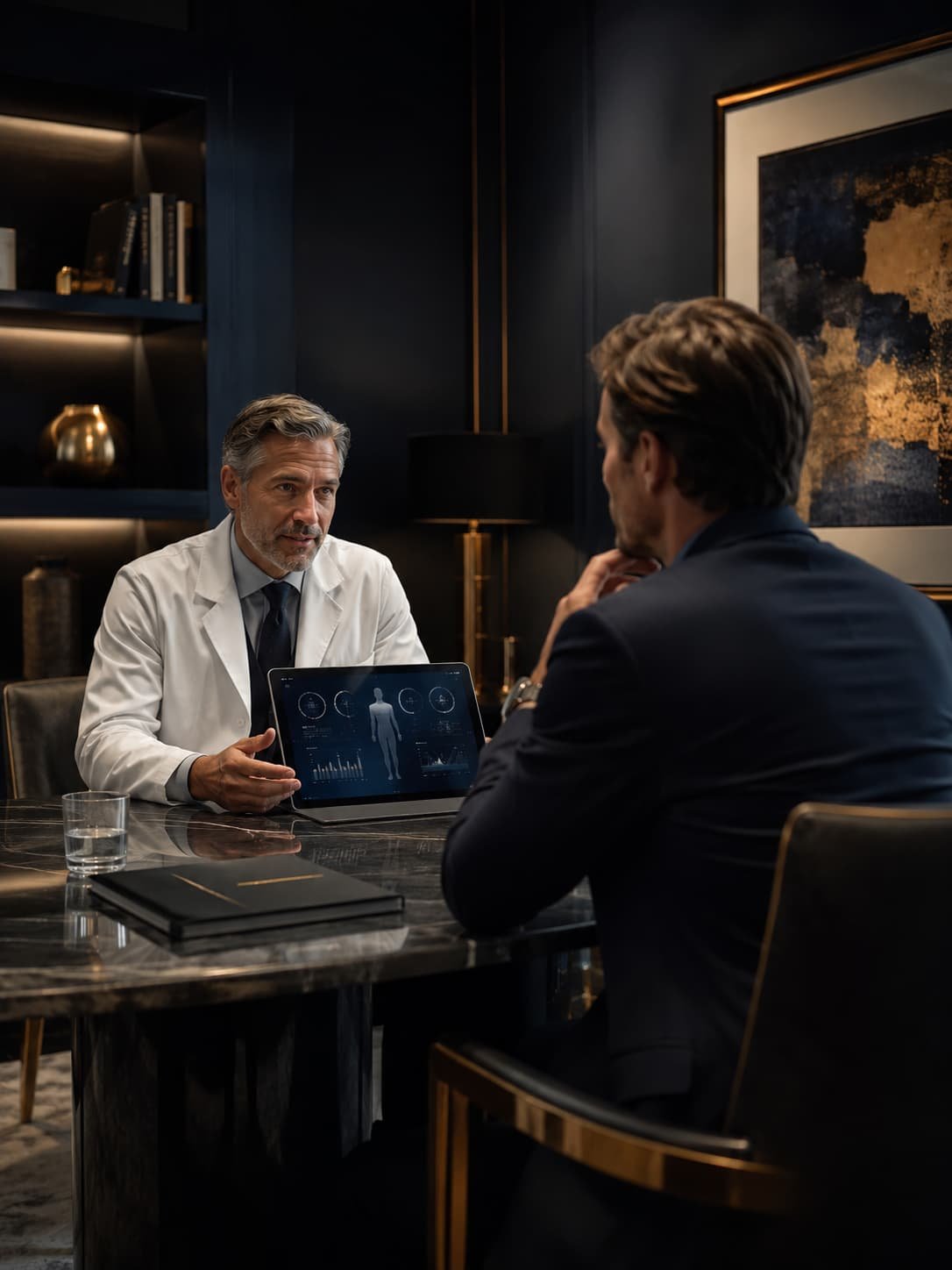Elegante private Health-Consulting-Szene mit Tablet, Gesundheitsunterlagen und ruhiger Diagnostik-Atmosphäre.
