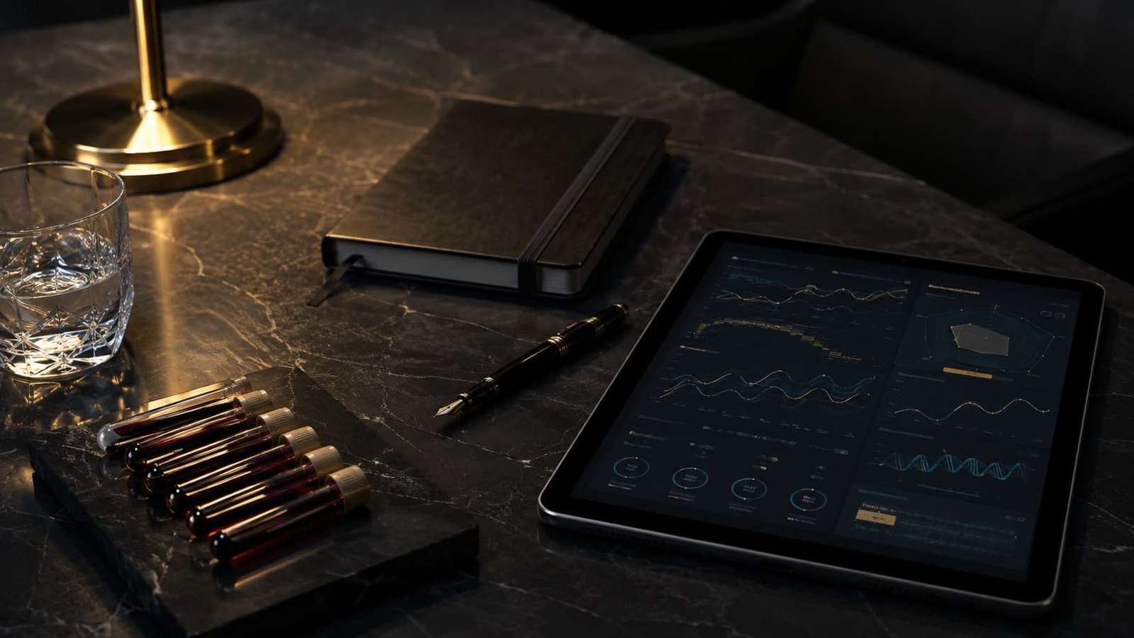 Hochwertiges Stillleben mit Blutproben, Tablet, Notizbuch und Wasserglas als Symbol für messbare Gesundheit.