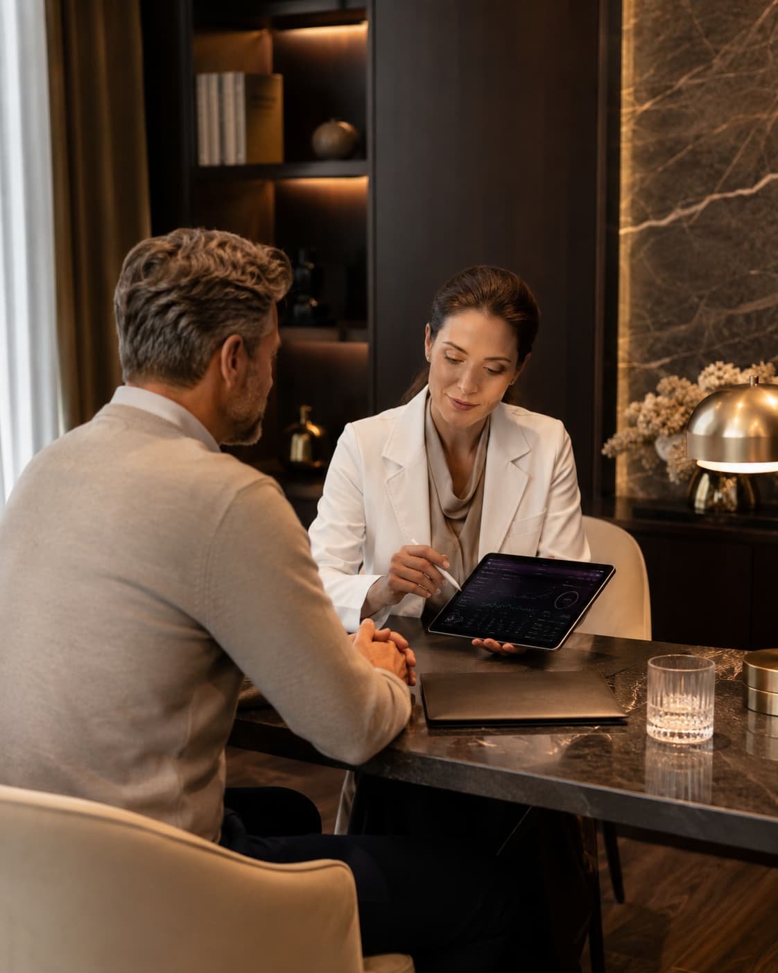 Private Health-Check-Szene in hochwertigem Diagnostikraum mit Arzt, Tablet und ruhiger Beratungsatmosphäre.
