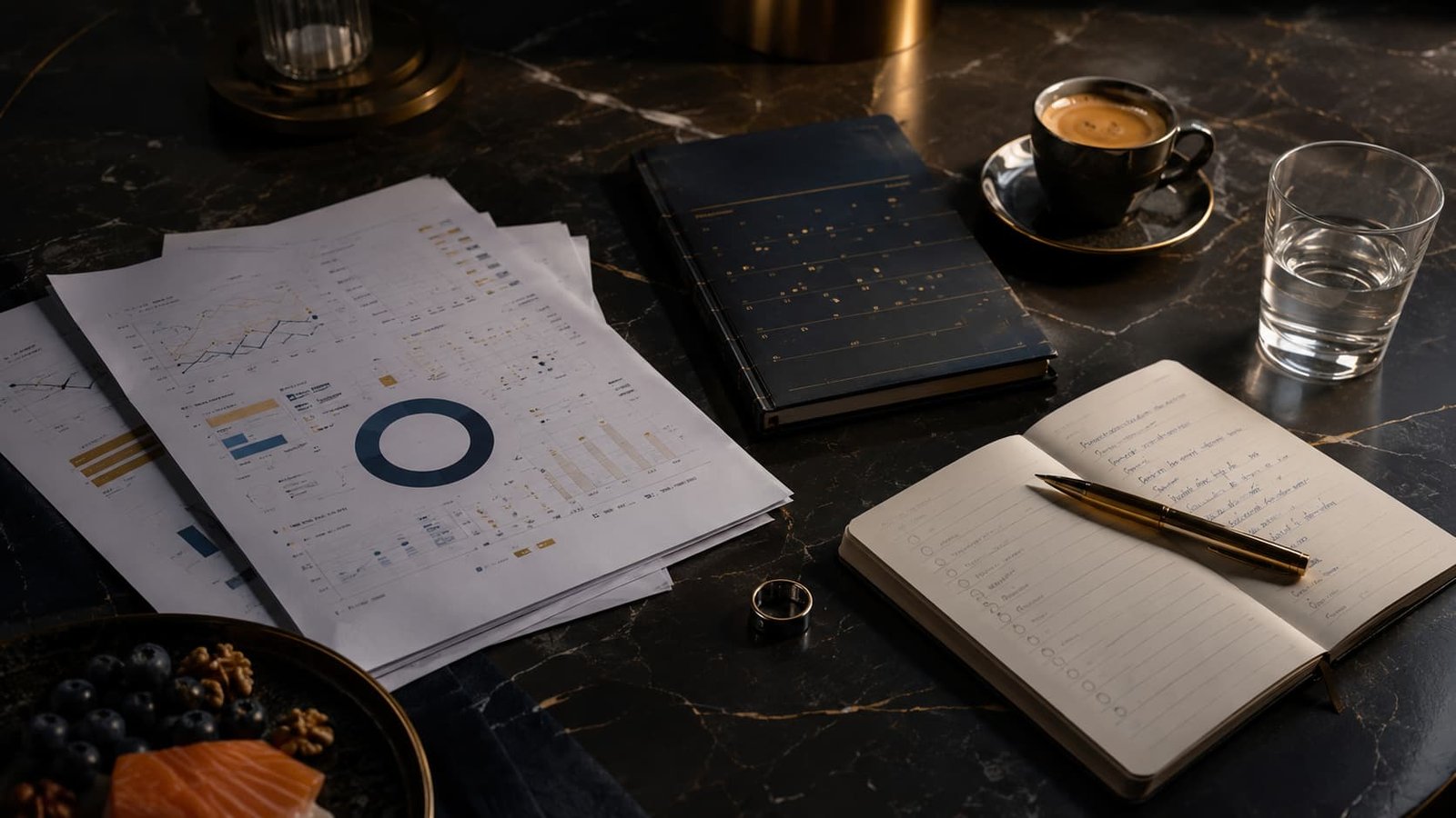 Dunkler Marmortisch mit Laborwerten, Wearable, Kalender und Notizbuch als Symbol für Biomarker im Lebenskontext.